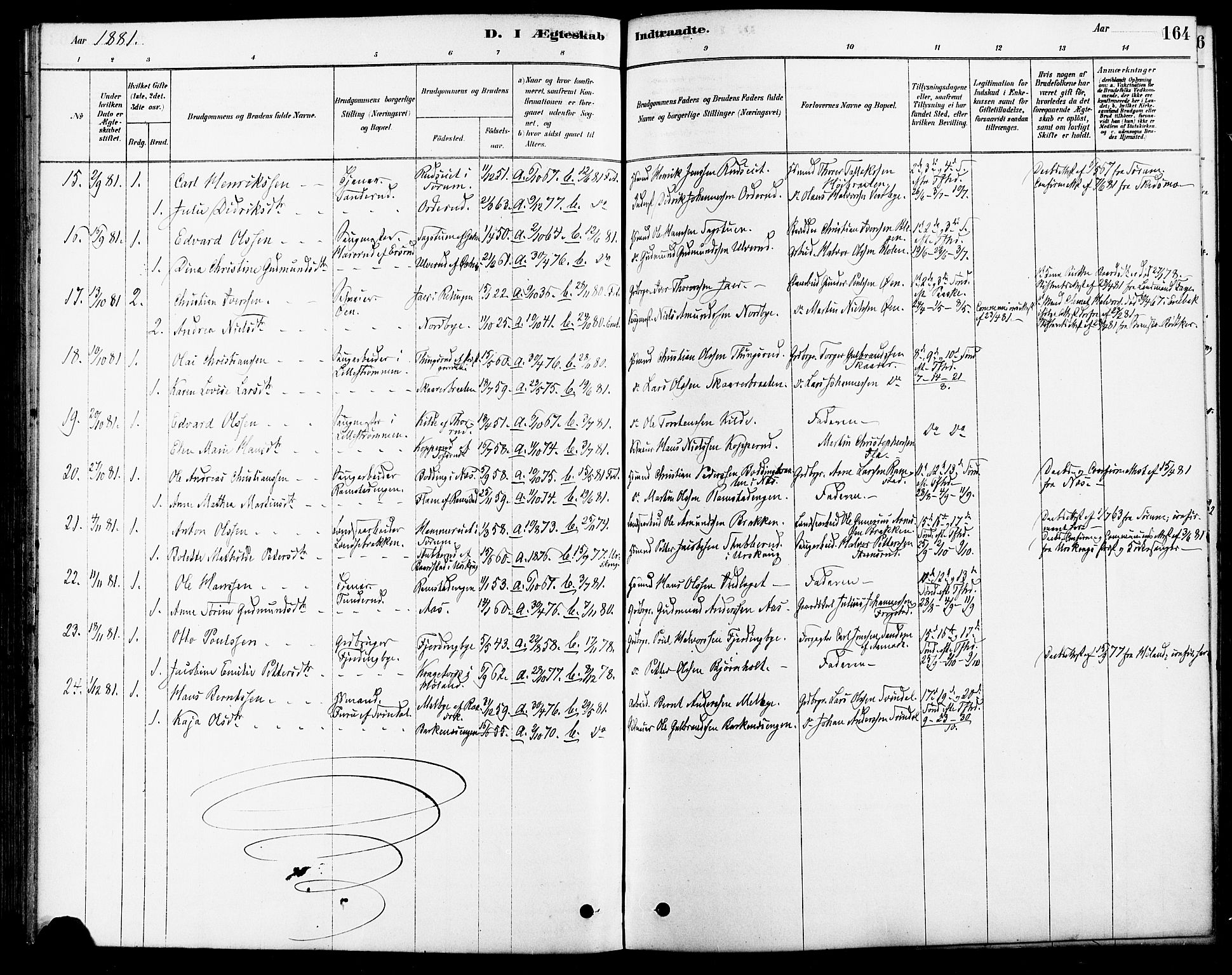 Fet prestekontor Kirkebøker, SAO/A-10370a/F/Fa/L0014: Parish register (official) no. I 14, 1878-1891, p. 164