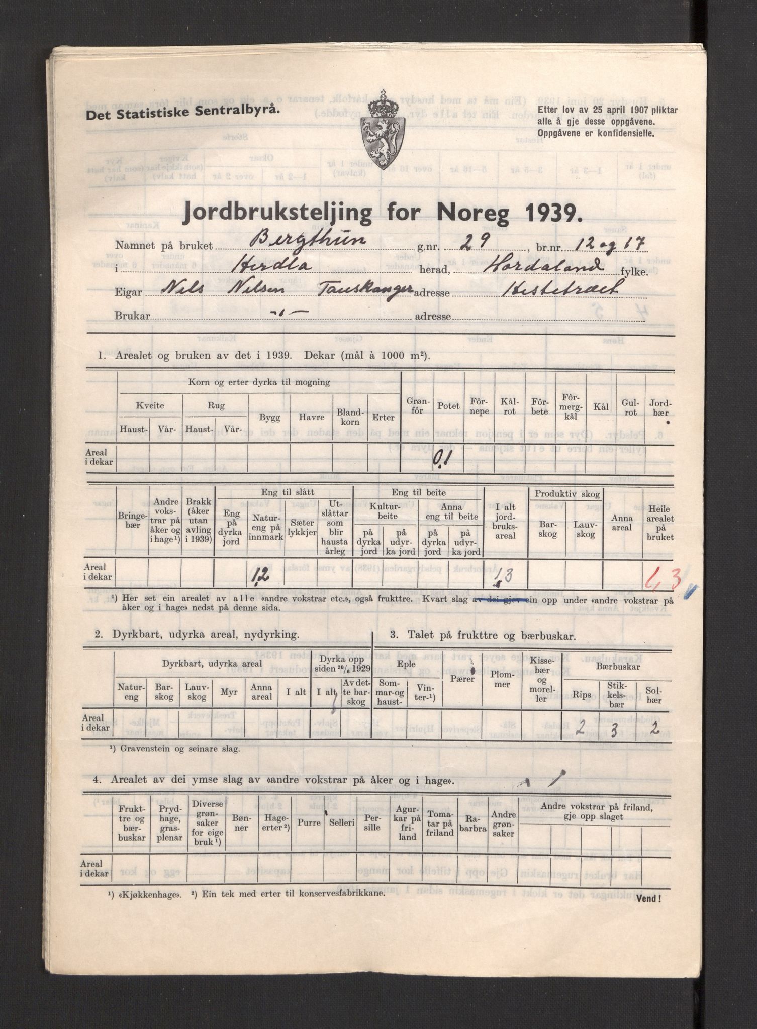 Statistisk sentralbyrå, Næringsøkonomiske emner, Jordbruk, skogbruk, jakt, fiske og fangst, AV/RA-S-2234/G/Gb/L0211: Hordaland: Herdla, Hjelme og Manger, 1939, p. 29