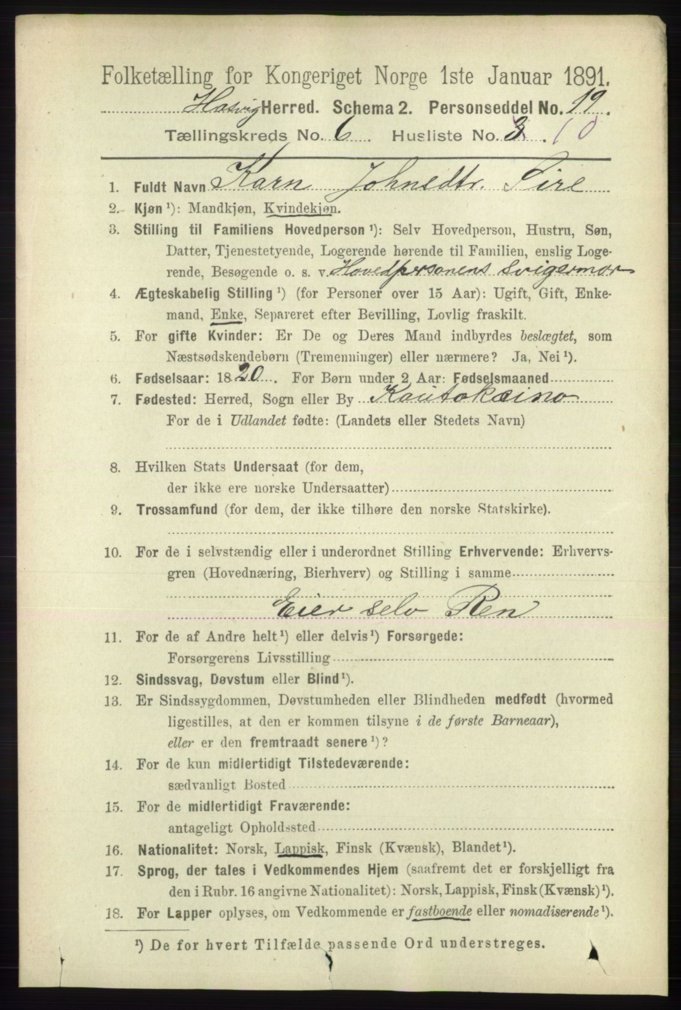 RA, 1891 census for 2015 Hasvik, 1891, p. 959