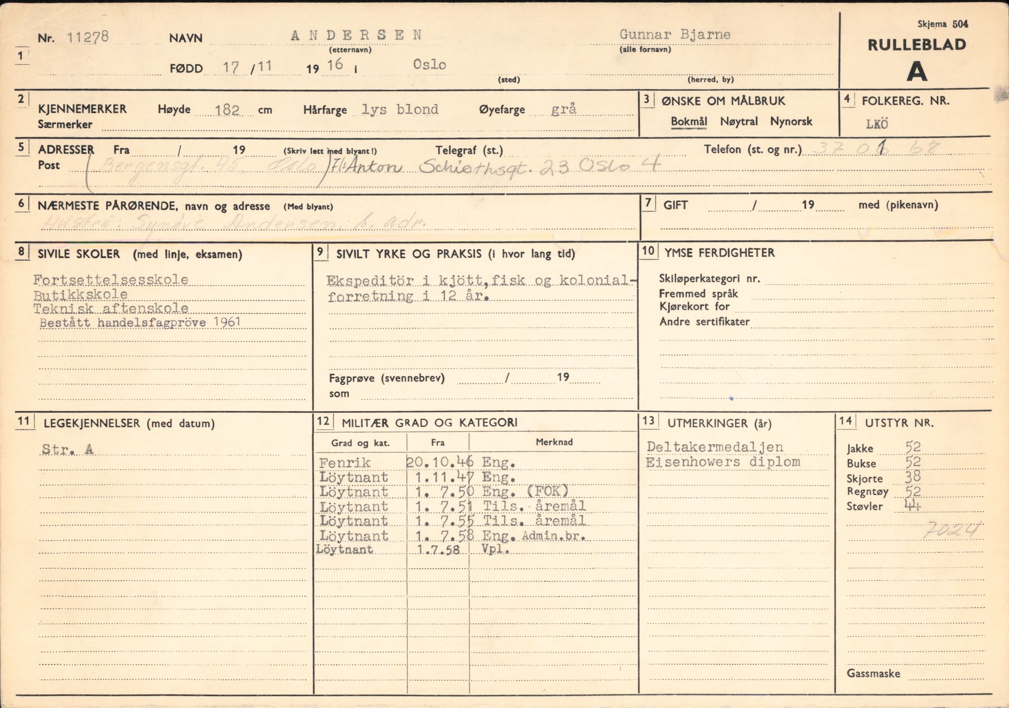 Forsvaret, Rygge hovedflystasjon, AV/RA-RAFA-2298/P/Pd/L0039: Andersen, Gunnar Bjarne - Coward, Christian - f. 1916, 1916, p. 3