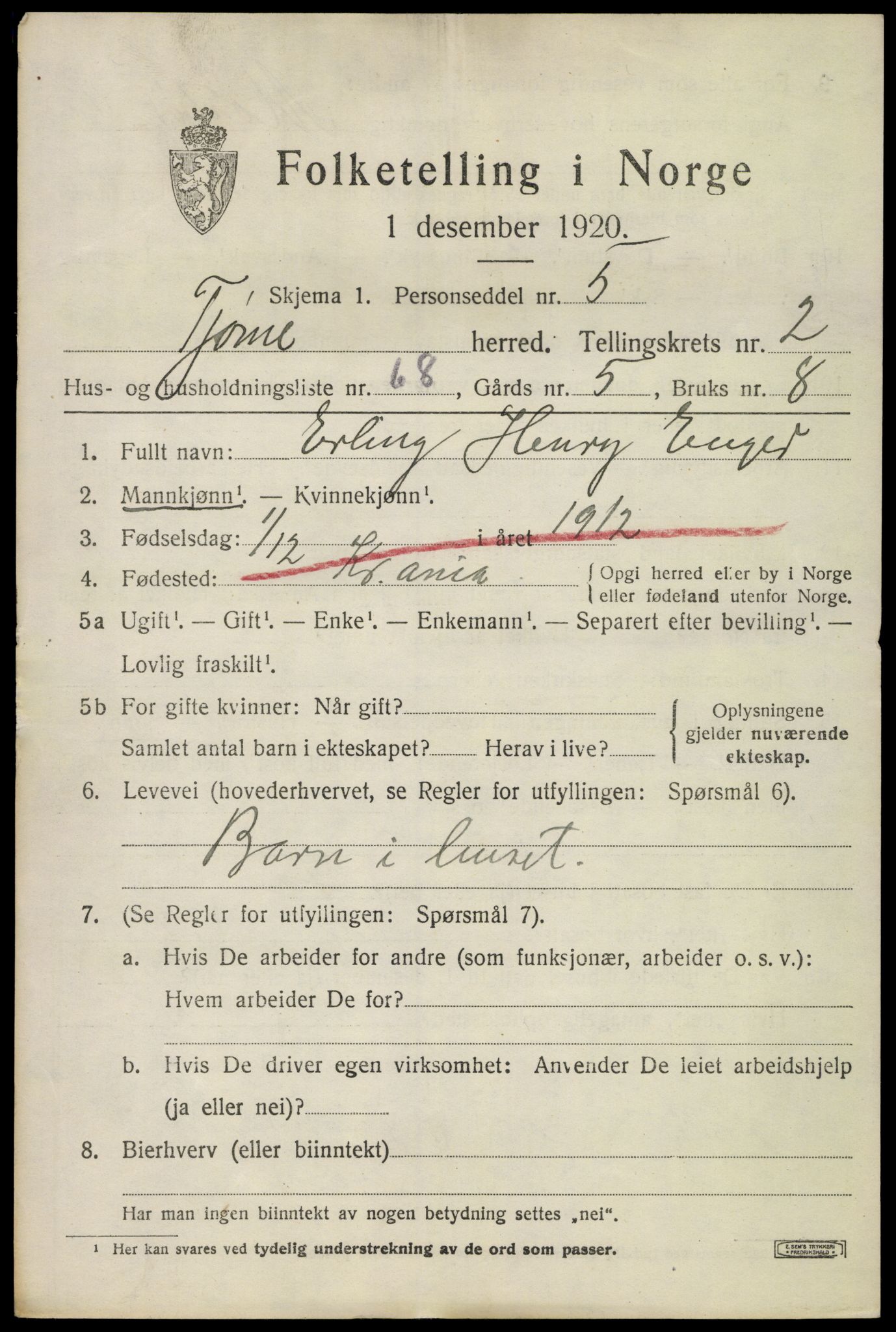 SAKO, 1920 census for Tjøme, 1920, p. 3419