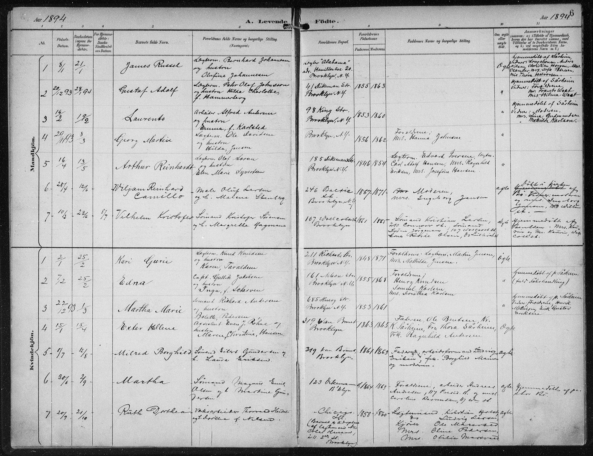 Den norske sjømannsmisjon i utlandet/New York, SAB/SAB/PA-0110/H/Ha/L0004: Parish register (official) no. A 4, 1893-1901, p. 6