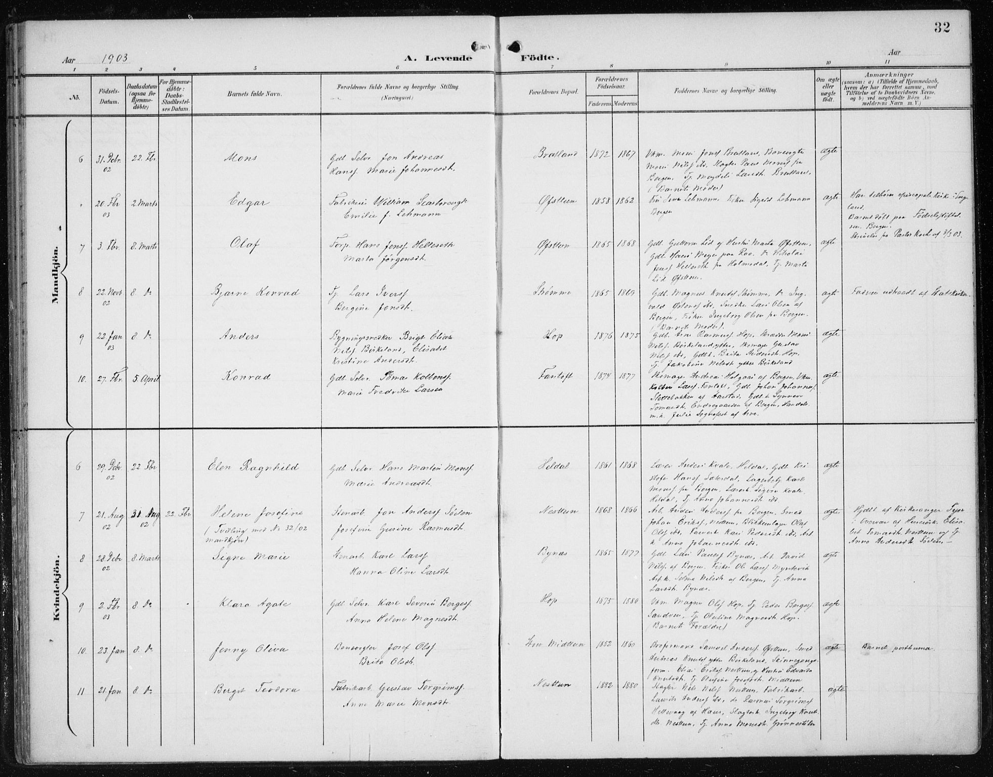 Fana Sokneprestembete, AV/SAB-A-75101/H/Haa/Haai/L0003: Parish register (official) no. I 3, 1900-1912, p. 32