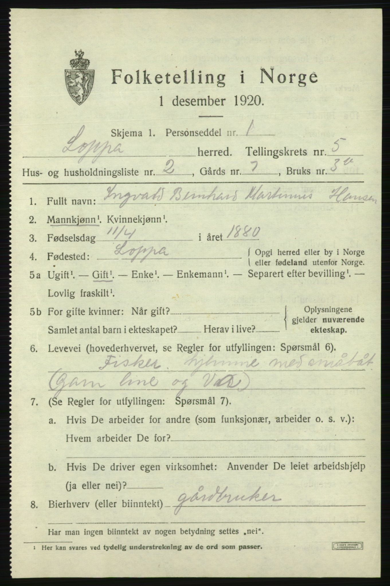 SATØ, 1920 census for Loppa, 1920, p. 1574