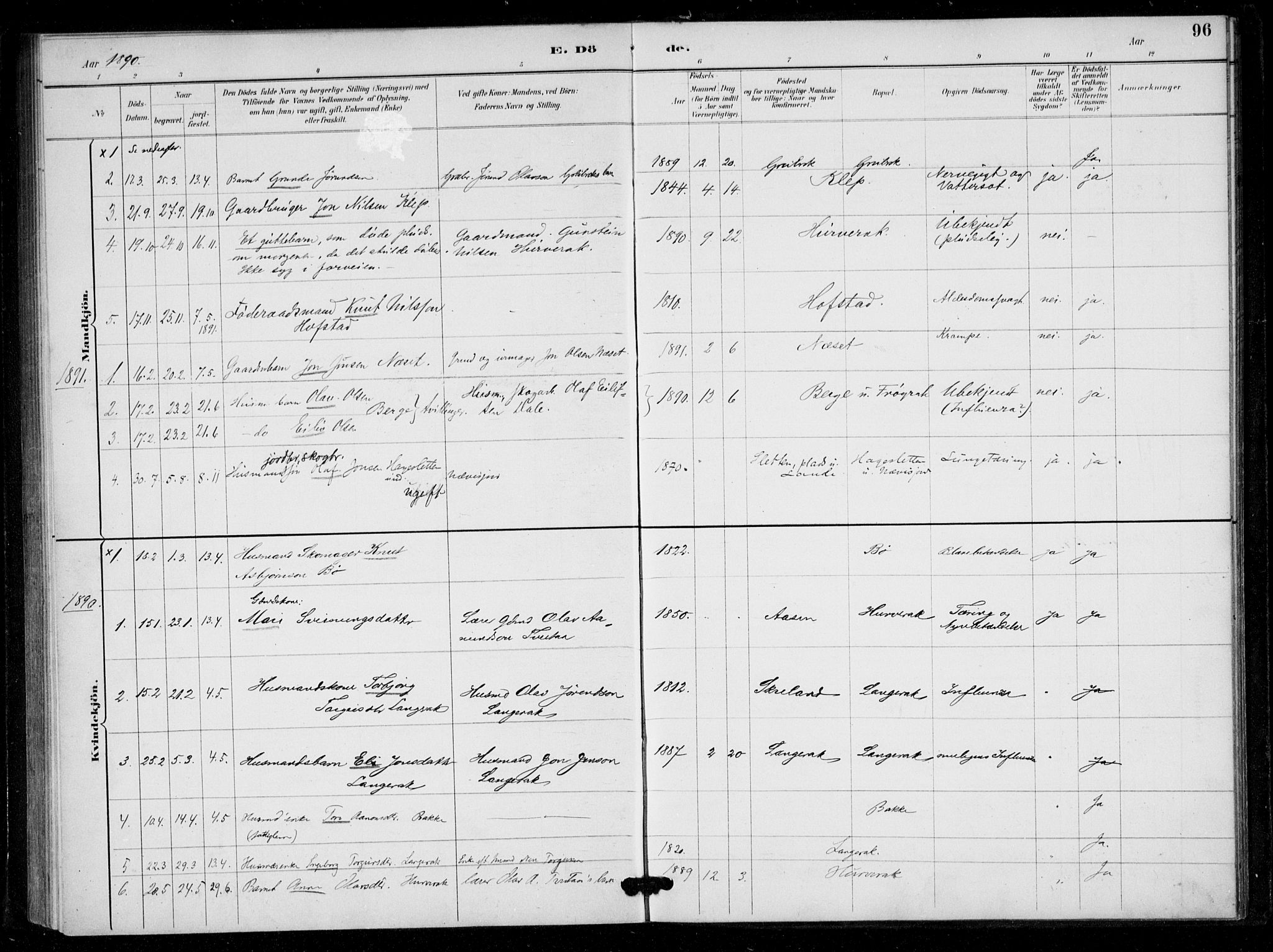 Bygland sokneprestkontor, SAK/1111-0006/F/Fa/Fad/L0001: Parish register (official) no. A 1, 1885-1906, p. 96