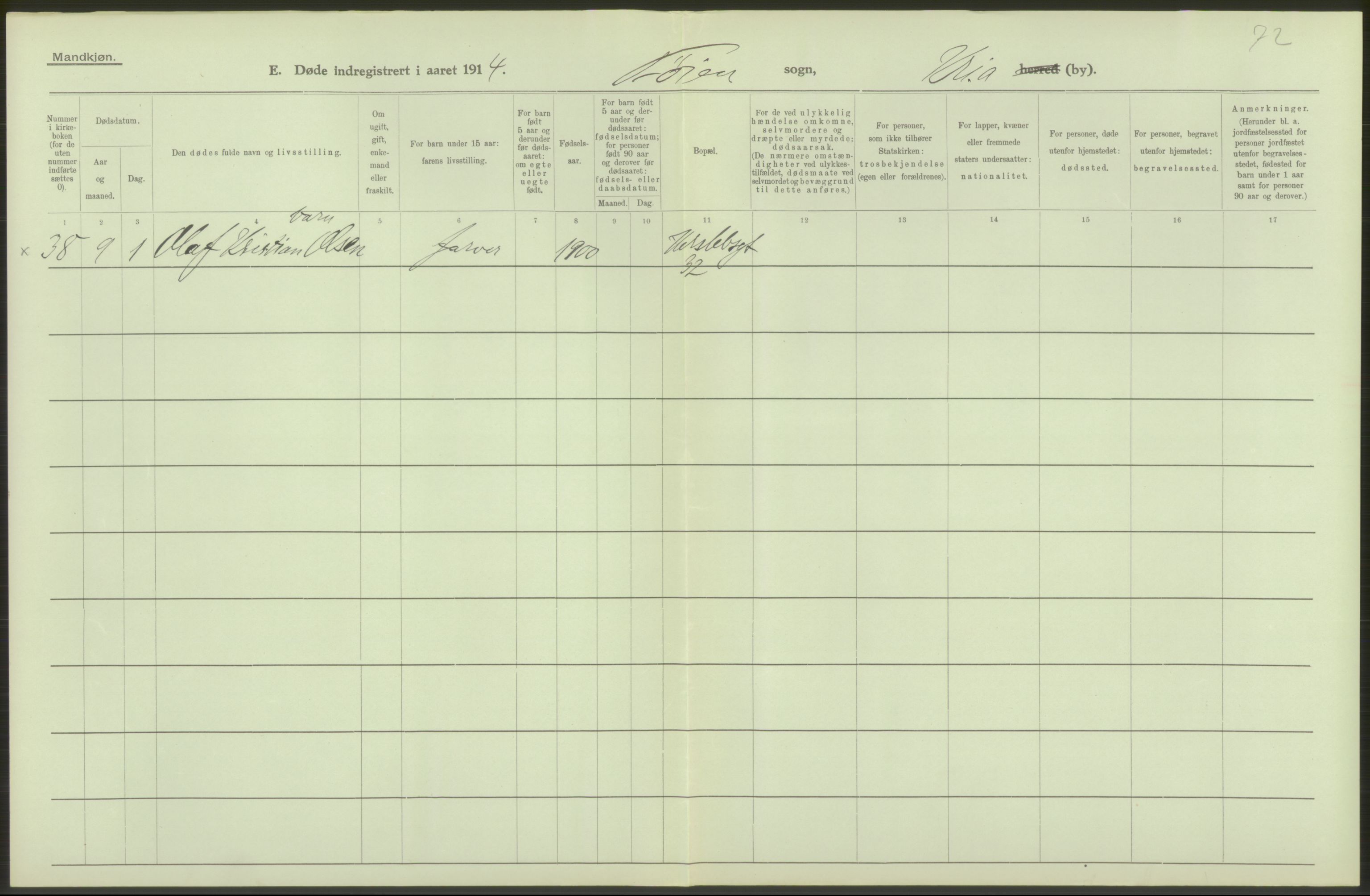 Statistisk sentralbyrå, Sosiodemografiske emner, Befolkning, AV/RA-S-2228/D/Df/Dfb/Dfbd/L0008: Kristiania: Døde, 1914, p. 74