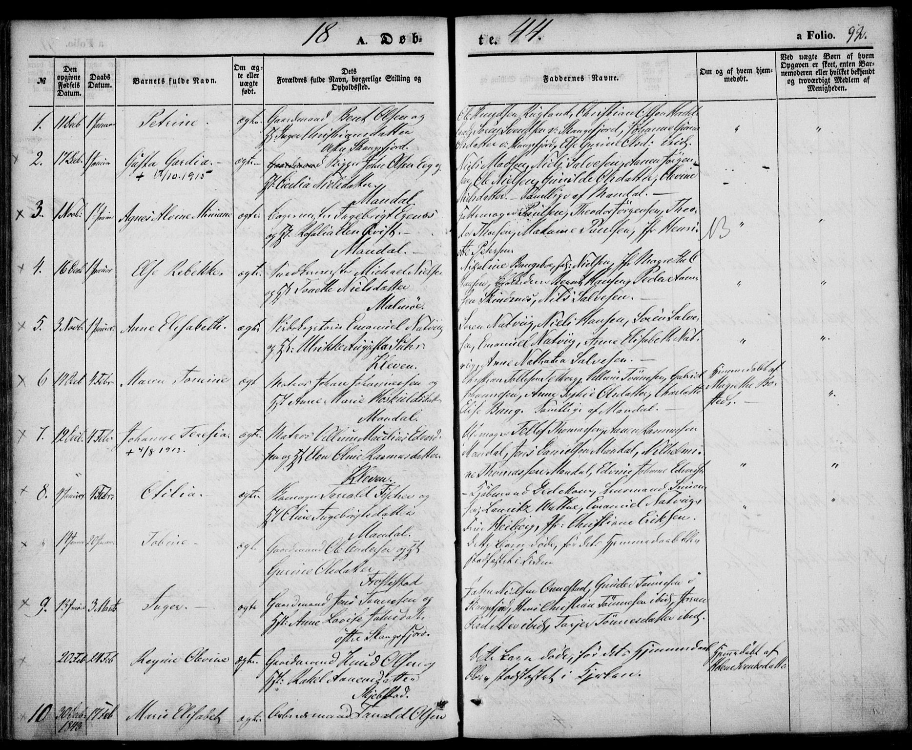 Mandal sokneprestkontor, SAK/1111-0030/F/Fa/Faa/L0012: Parish register (official) no. A 12, 1840-1847, p. 92