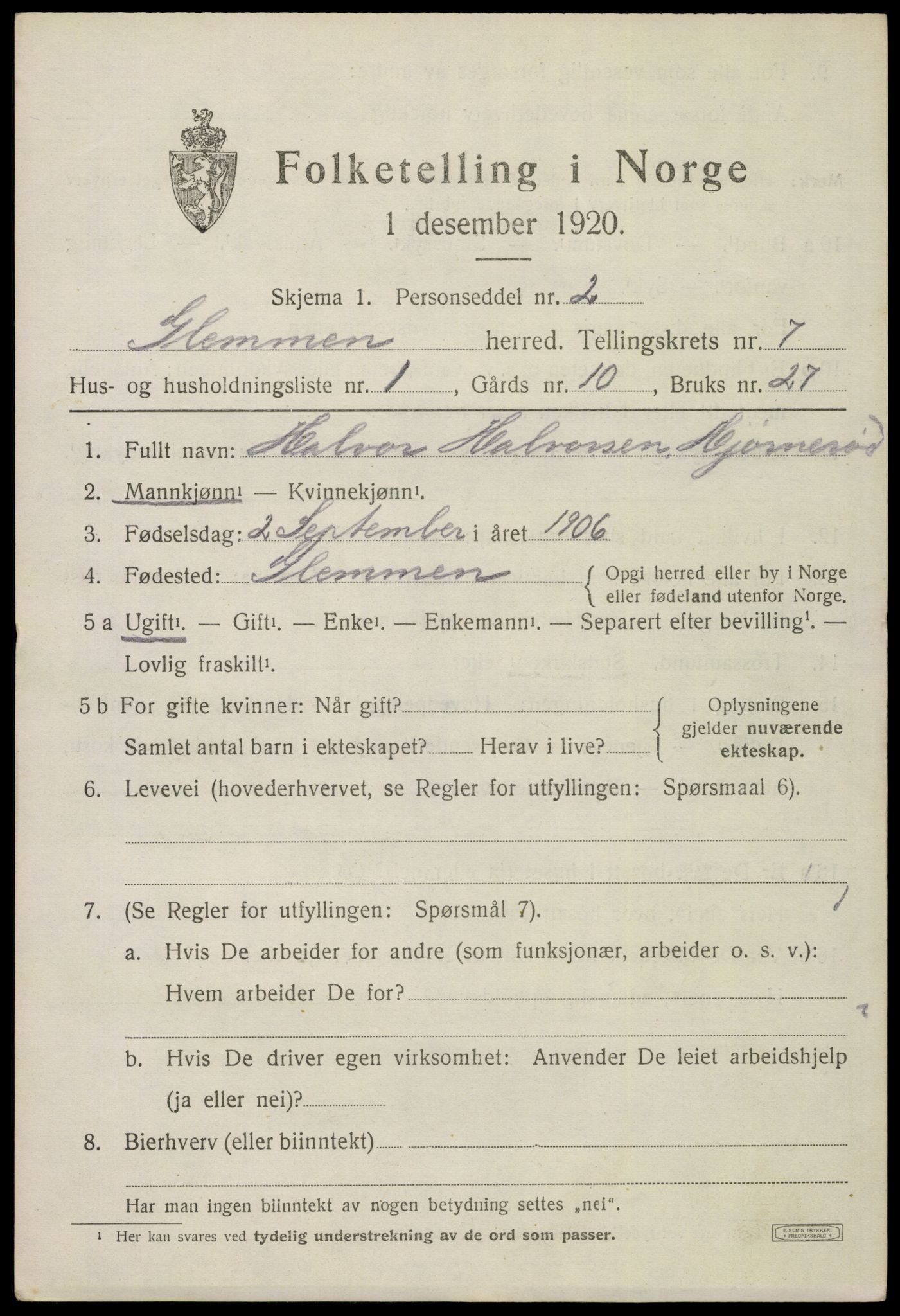 SAO, 1920 census for Glemmen, 1920, p. 23569