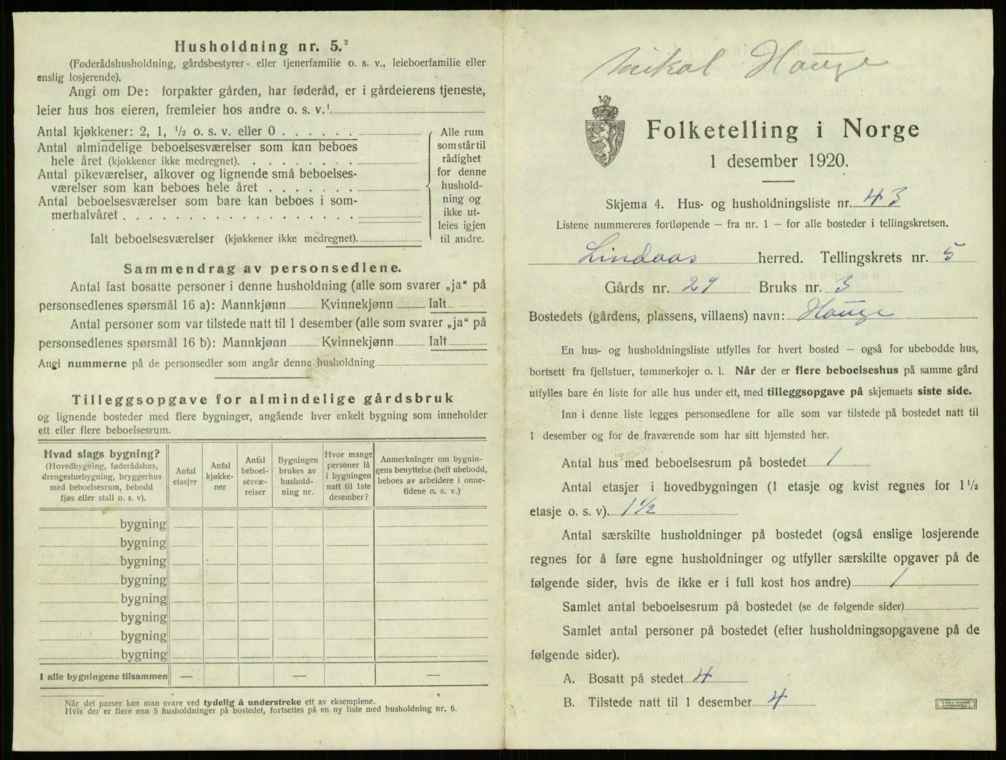 SAB, 1920 census for Lindås, 1920, p. 369