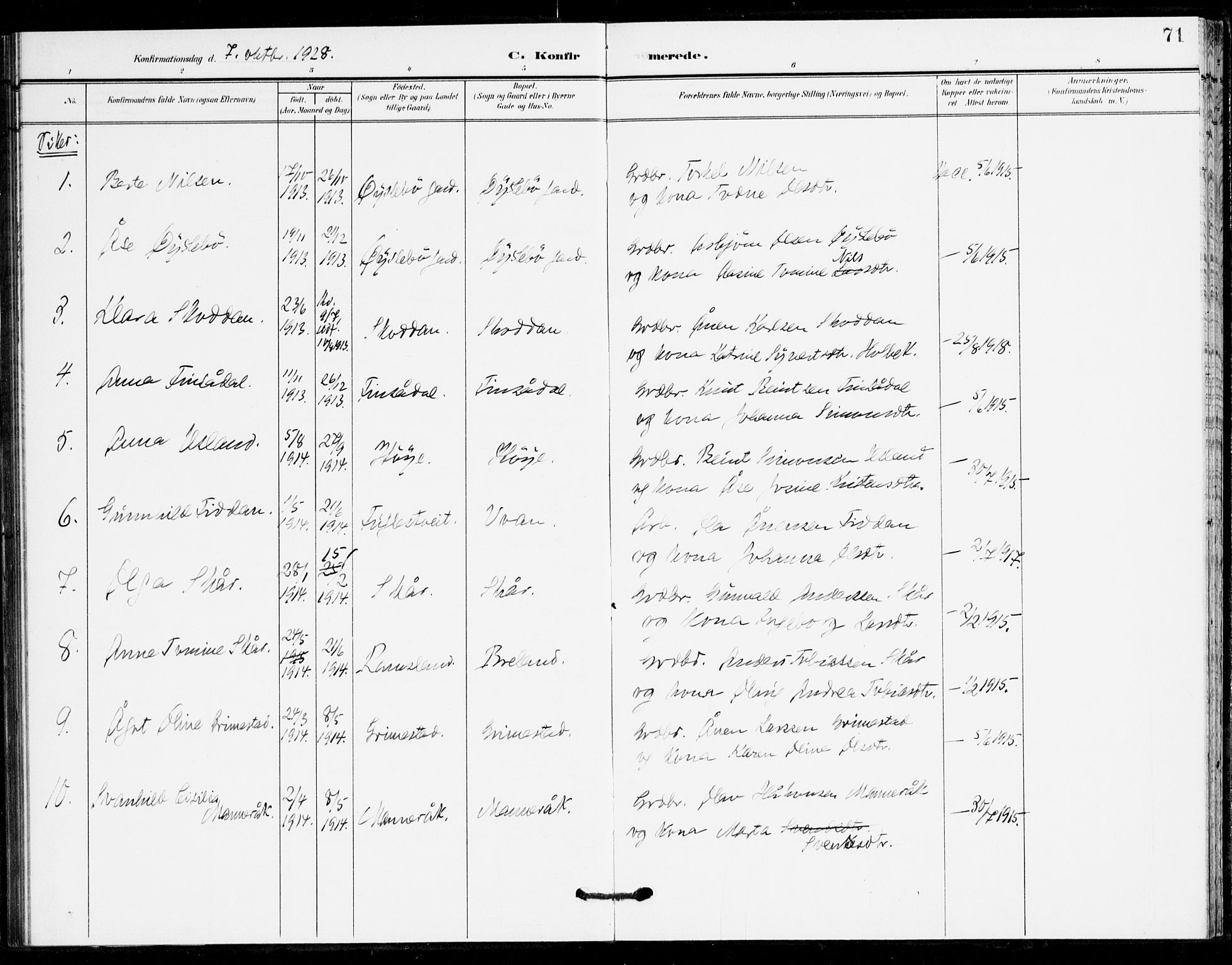 Holum sokneprestkontor, AV/SAK-1111-0022/F/Fa/Fac/L0005: Parish register (official) no. A 5, 1908-1930, p. 71