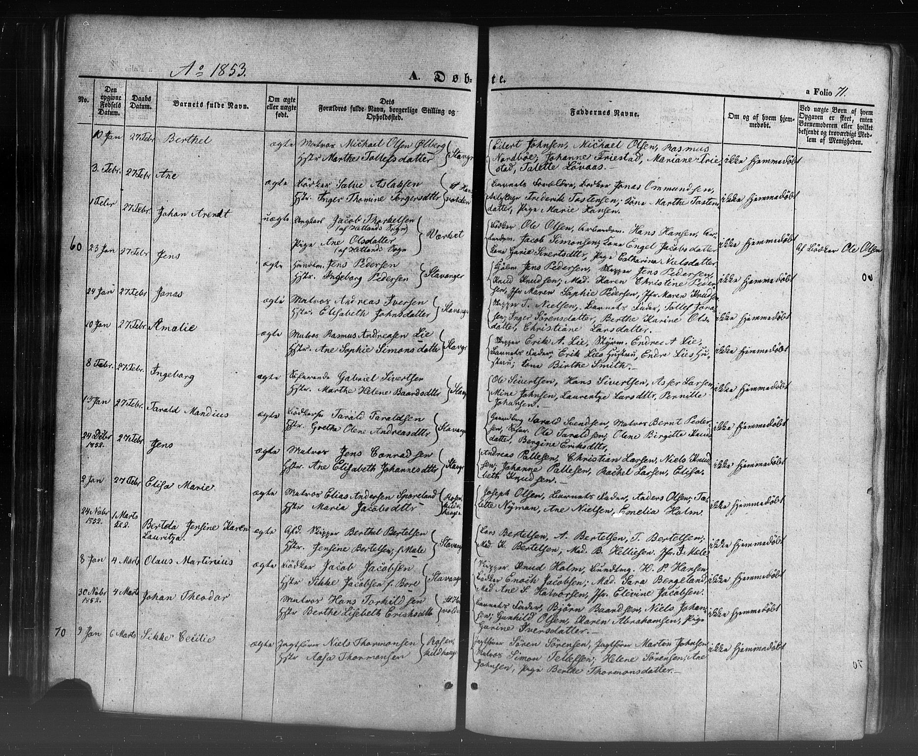 Domkirken sokneprestkontor, AV/SAST-A-101812/001/30/30BB/L0009: Parish register (copy) no. B 9, 1850-1858, p. 71