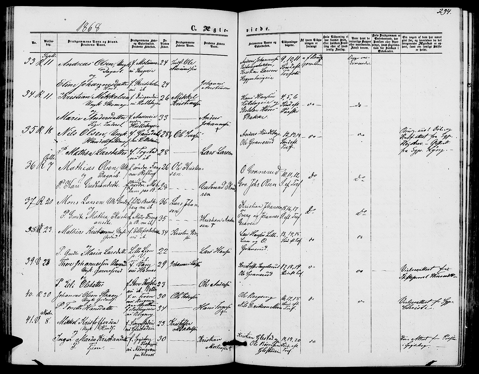 Ringsaker prestekontor, AV/SAH-PREST-014/L/La/L0007: Parish register (copy) no. 7, 1861-1869, p. 294