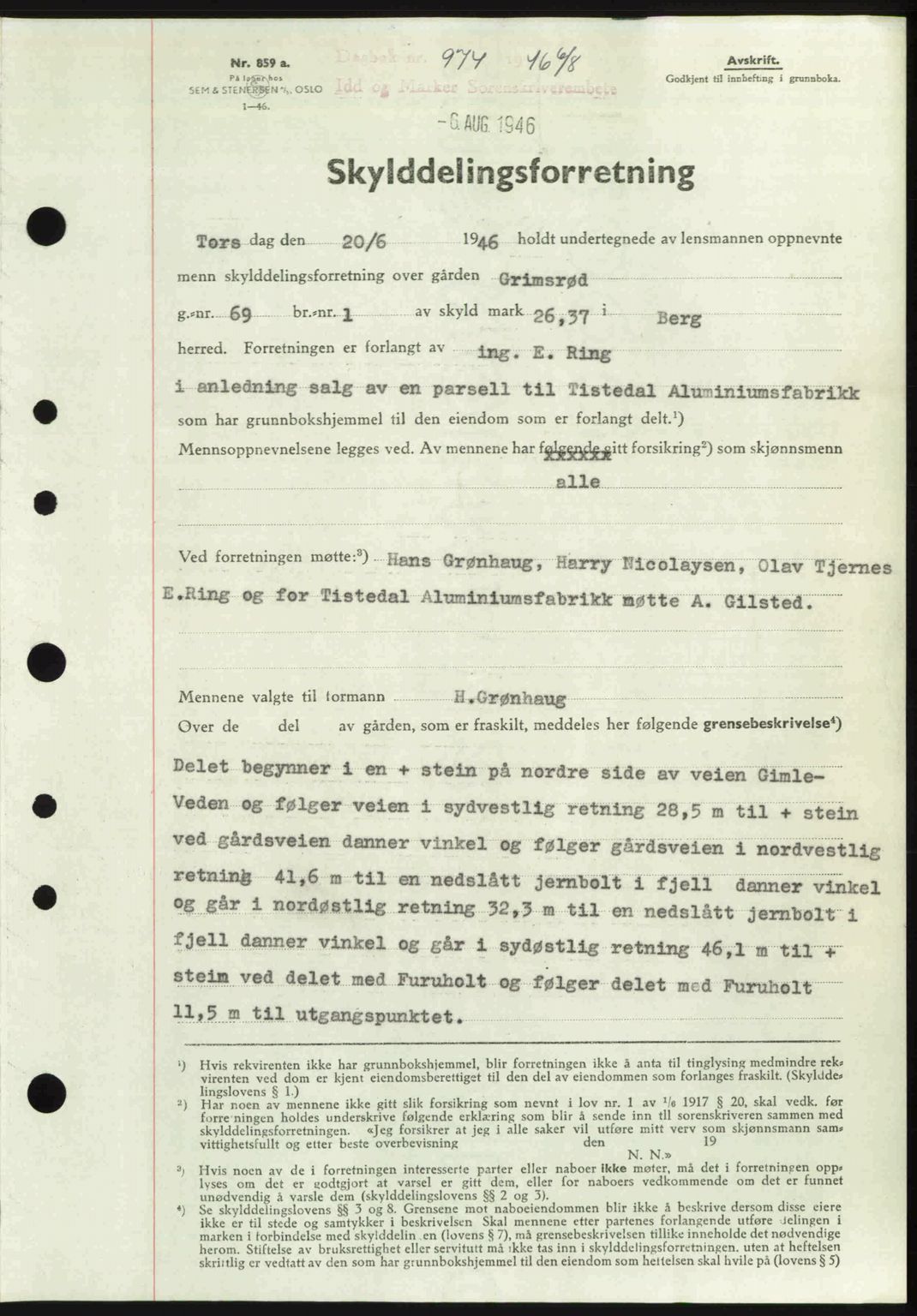 Idd og Marker sorenskriveri, AV/SAO-A-10283/G/Gb/Gbb/L0008: Mortgage book no. A8, 1946-1946, Diary no: : 974/1946