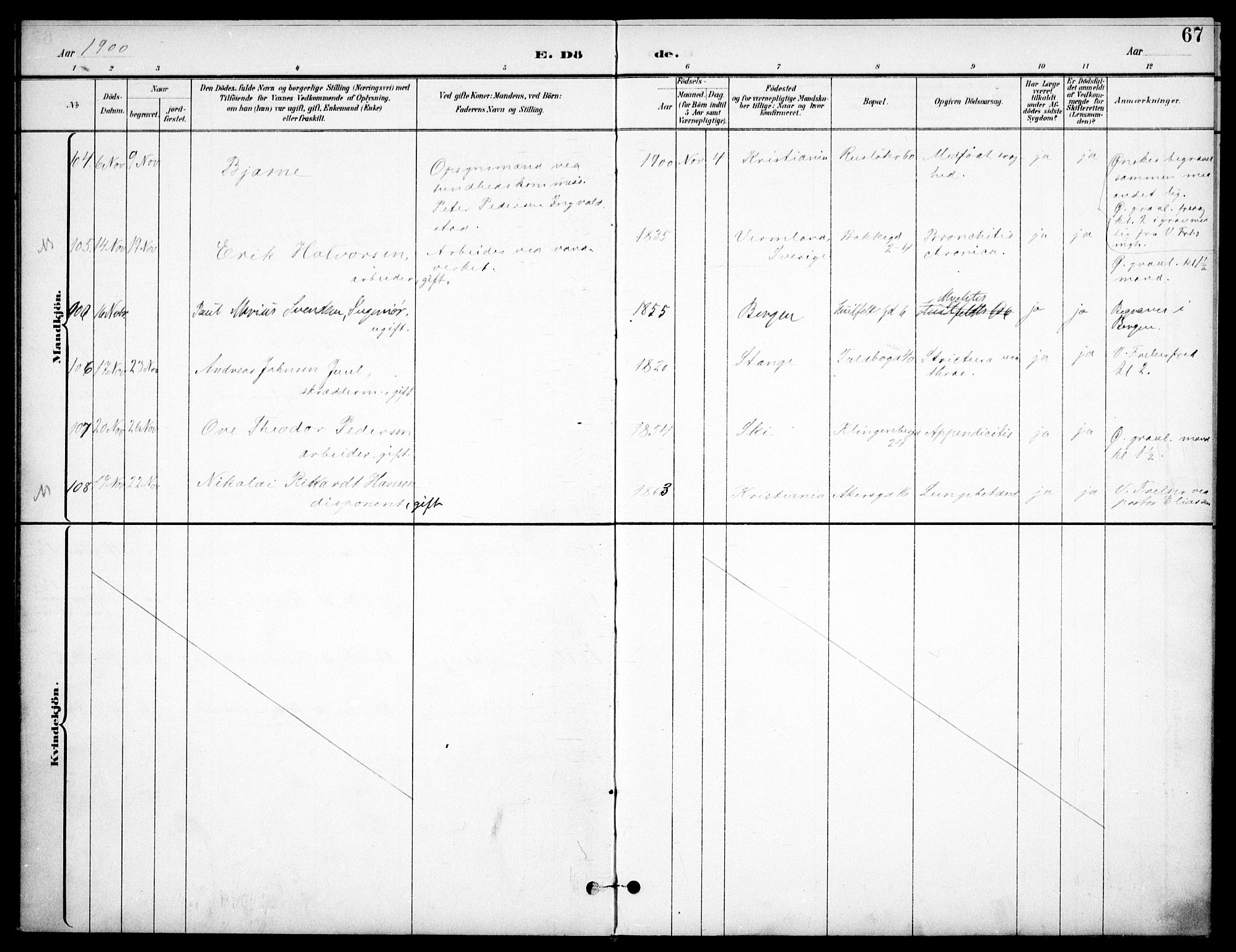 Johannes prestekontor Kirkebøker, AV/SAO-A-10852/F/Fa/L0008: Parish register (official) no. 8, 1897-1917, p. 67