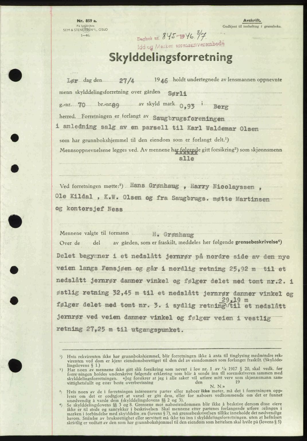 Idd og Marker sorenskriveri, AV/SAO-A-10283/G/Gb/Gbb/L0008: Mortgage book no. A8, 1946-1946, Diary no: : 845/1946