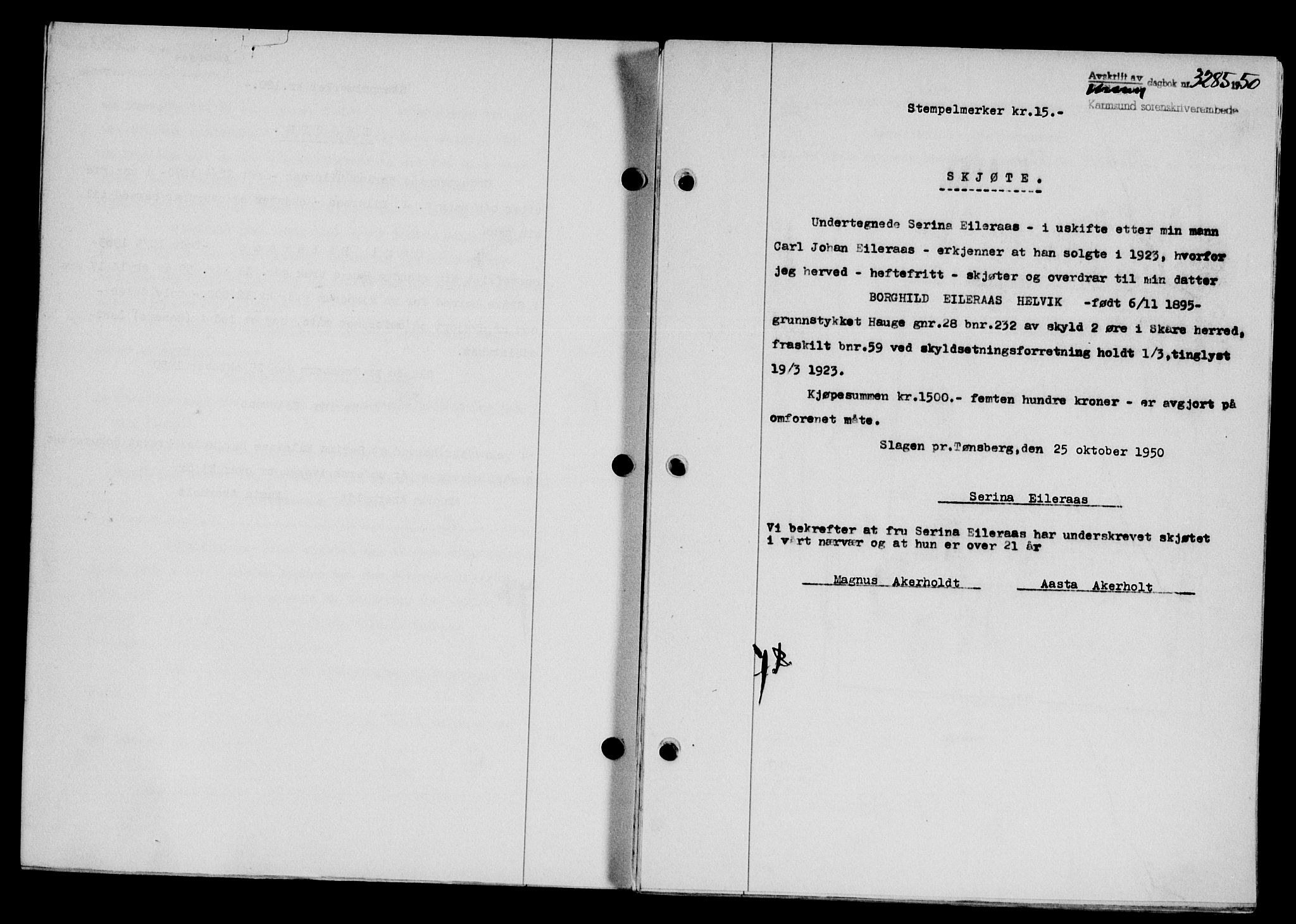 Karmsund sorenskriveri, SAST/A-100311/01/II/IIB/L0101: Mortgage book no. 81A, 1950-1951, Diary no: : 3285/1950