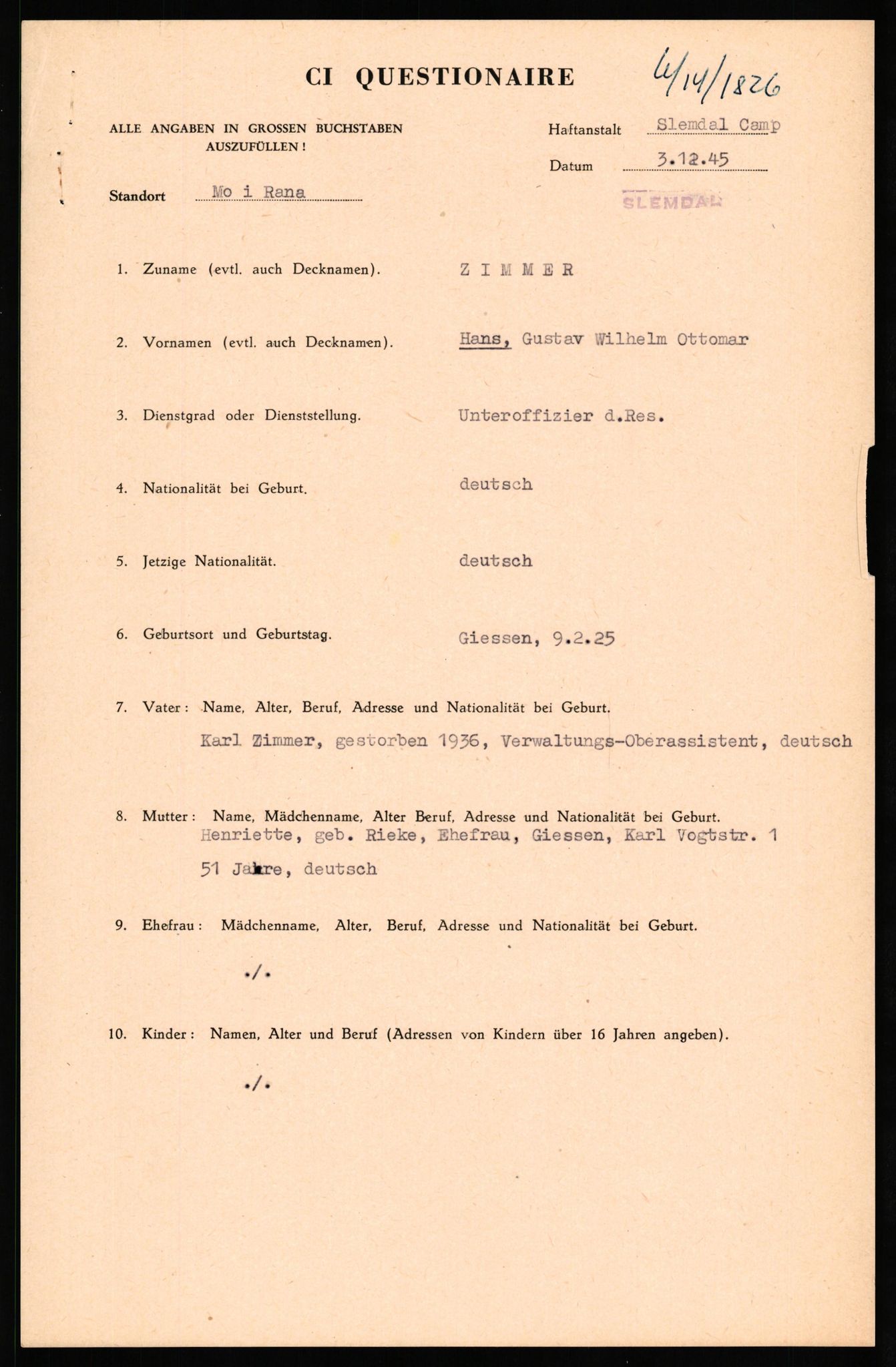 Forsvaret, Forsvarets overkommando II, RA/RAFA-3915/D/Db/L0037: CI Questionaires. Tyske okkupasjonsstyrker i Norge. Tyskere., 1945-1946, p. 353