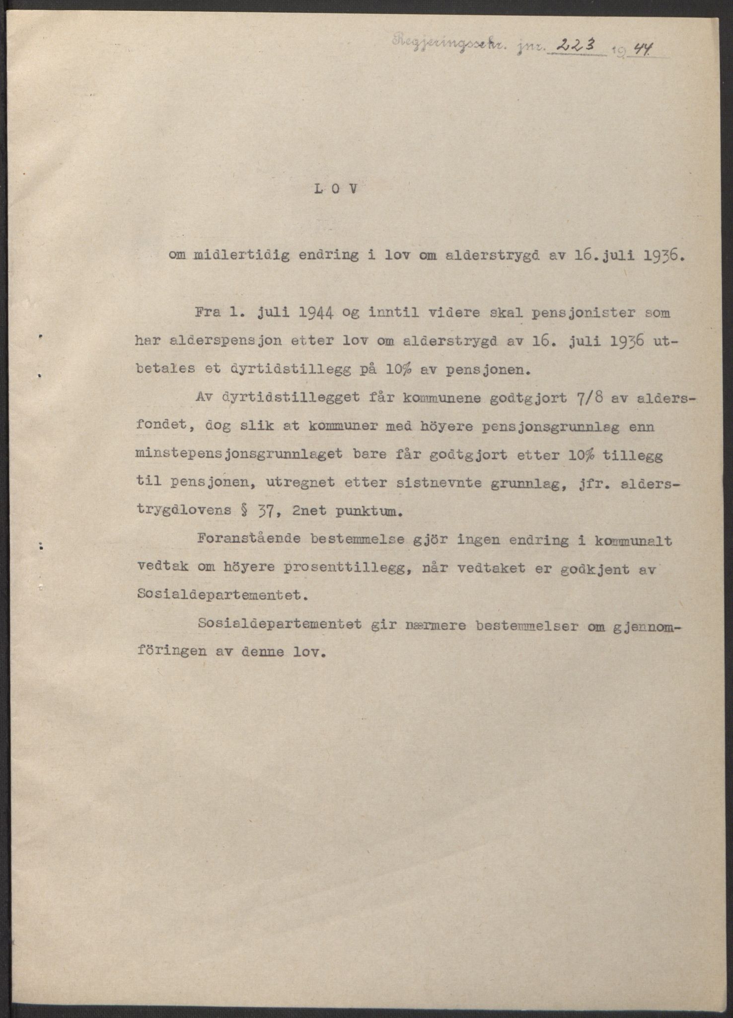 NS-administrasjonen 1940-1945 (Statsrådsekretariatet, de kommisariske statsråder mm), AV/RA-S-4279/D/Db/L0100: Lover, 1944, p. 397