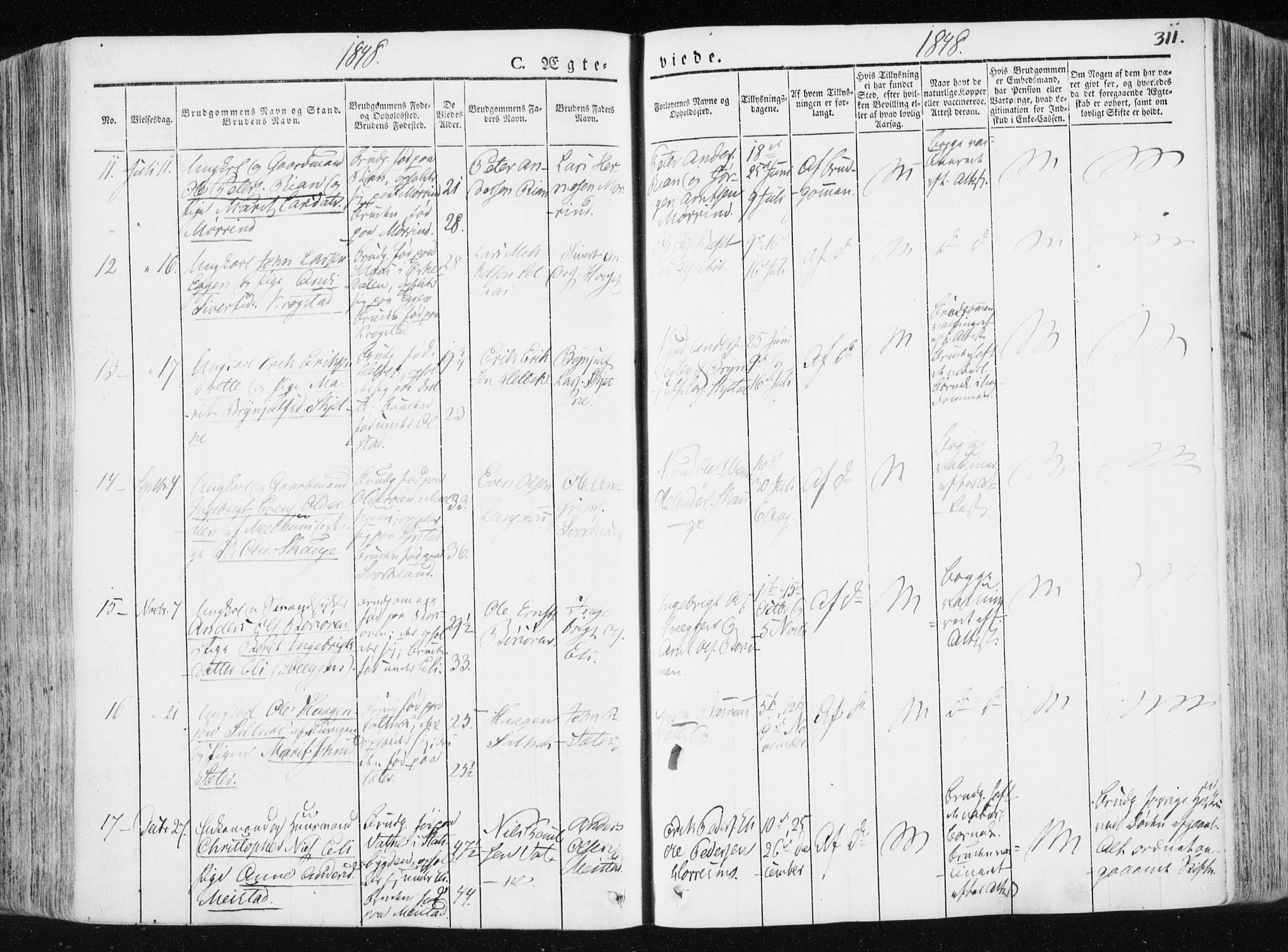 Ministerialprotokoller, klokkerbøker og fødselsregistre - Sør-Trøndelag, SAT/A-1456/665/L0771: Parish register (official) no. 665A06, 1830-1856, p. 311