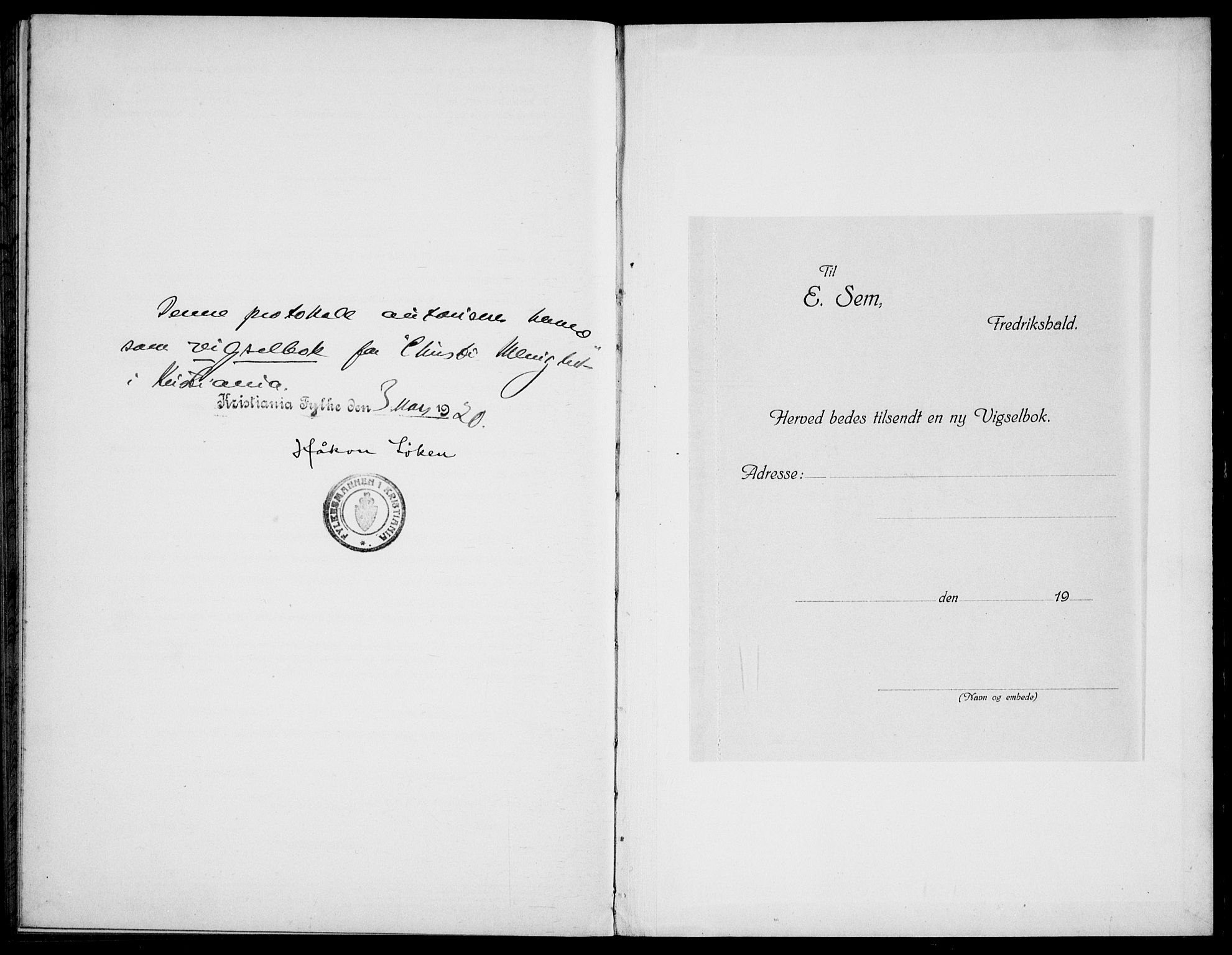 Kristi menighet Oslo , SAO/PAO-0220/D/L0002: Marriage register (dissenter) no. 2, 1920-1936