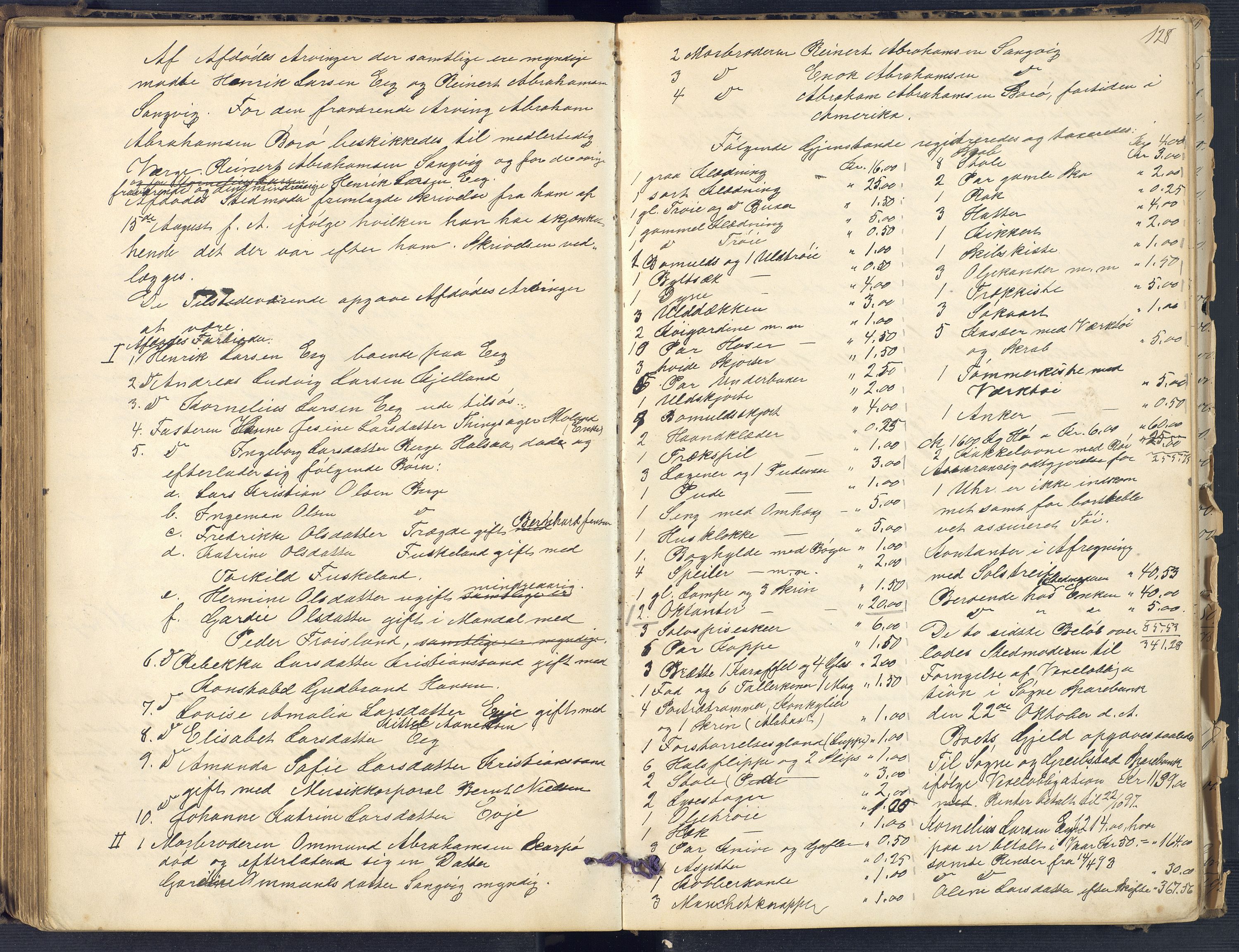 Torridal sorenskriveri, SAK/1221-0012/H/Hc/L0011: Skifteregistreringsprotokoll Søgne og Greipstad lensmannsdistrikt nr. 1, 1883-1903, p. 128