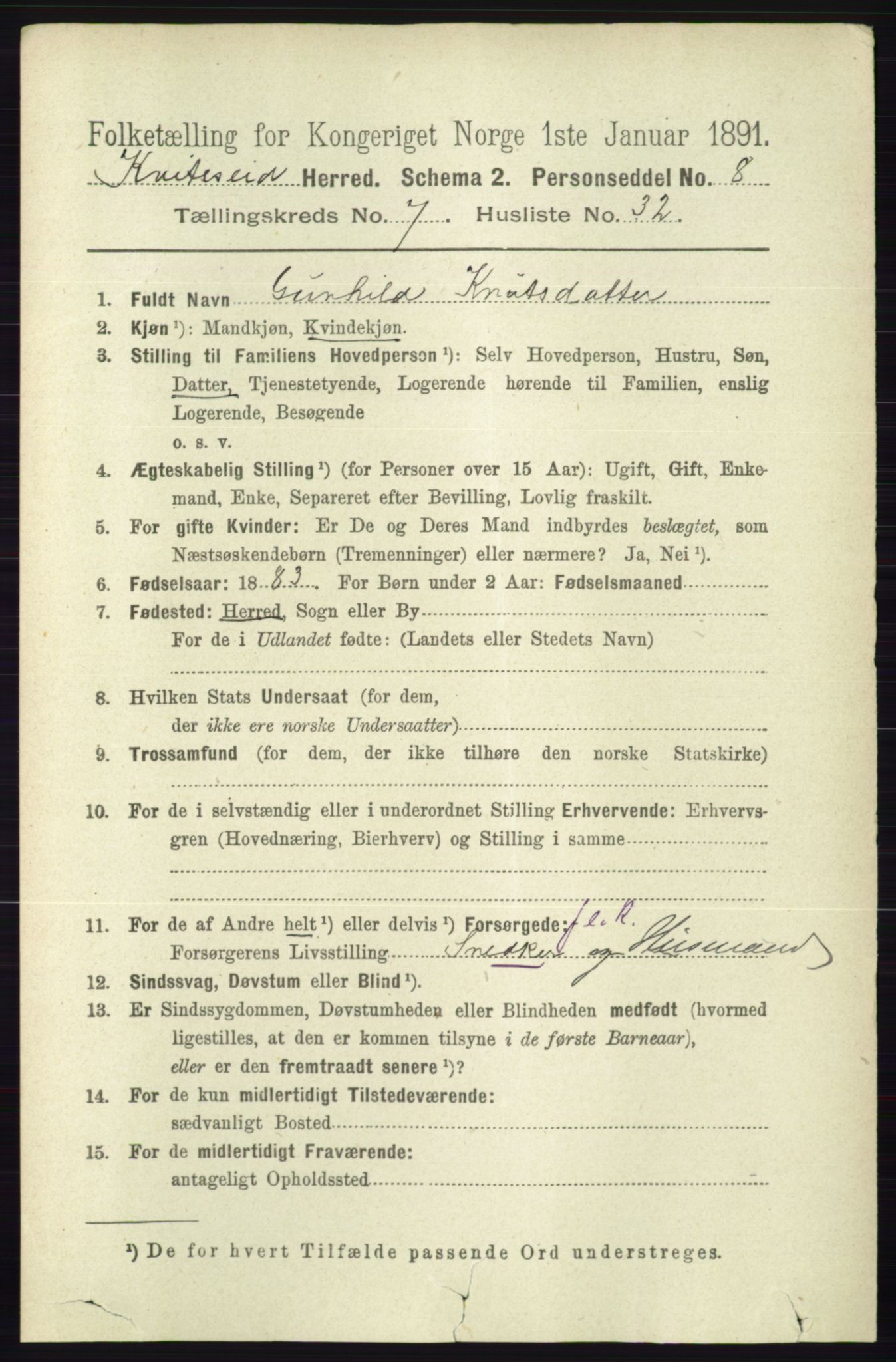 RA, 1891 census for 0829 Kviteseid, 1891, p. 1545