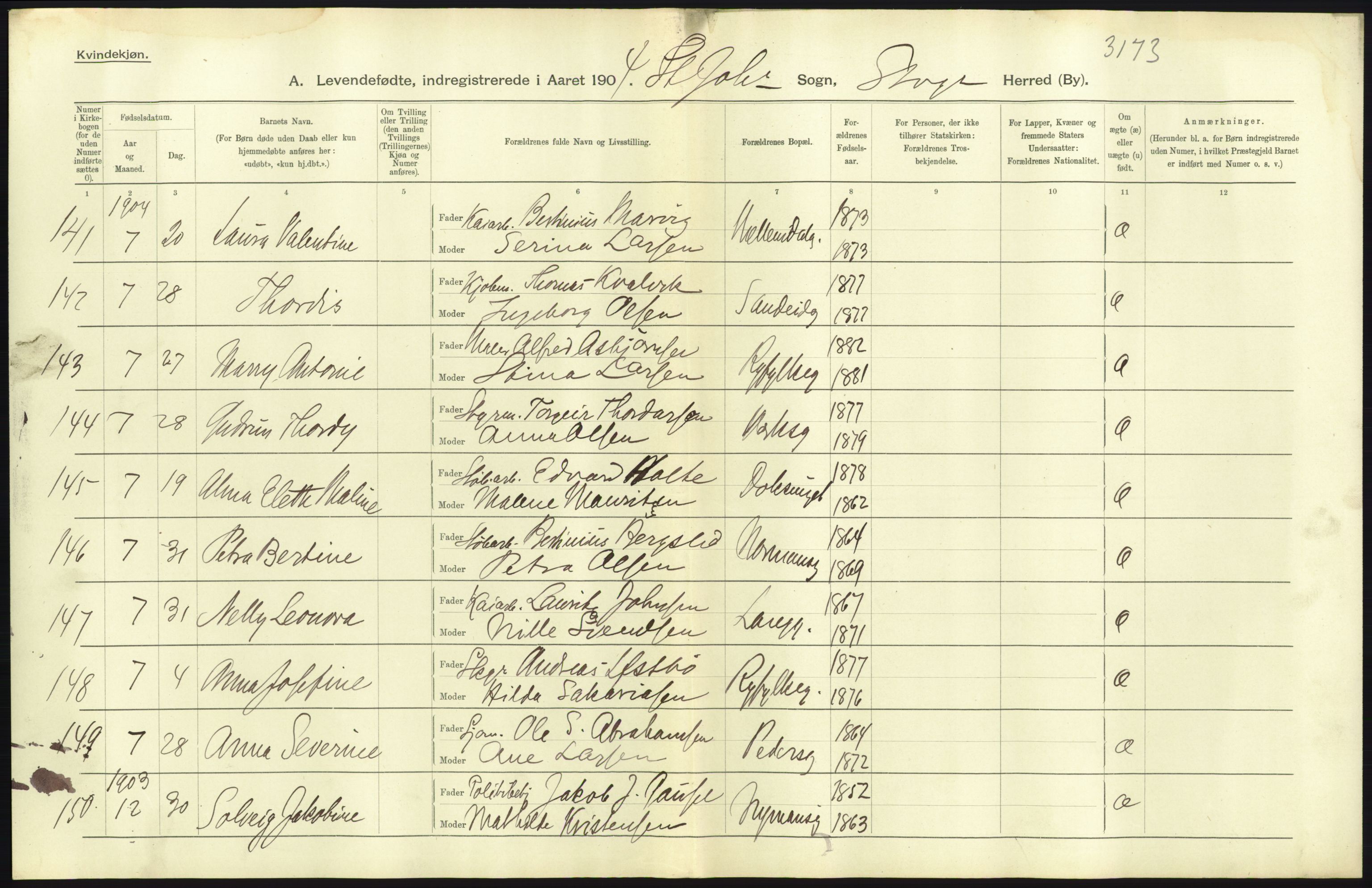 Statistisk sentralbyrå, Sosiodemografiske emner, Befolkning, AV/RA-S-2228/D/Df/Dfa/Dfab/L0012: Stavanger amt: Fødte, gifte, døde, 1904, p. 59