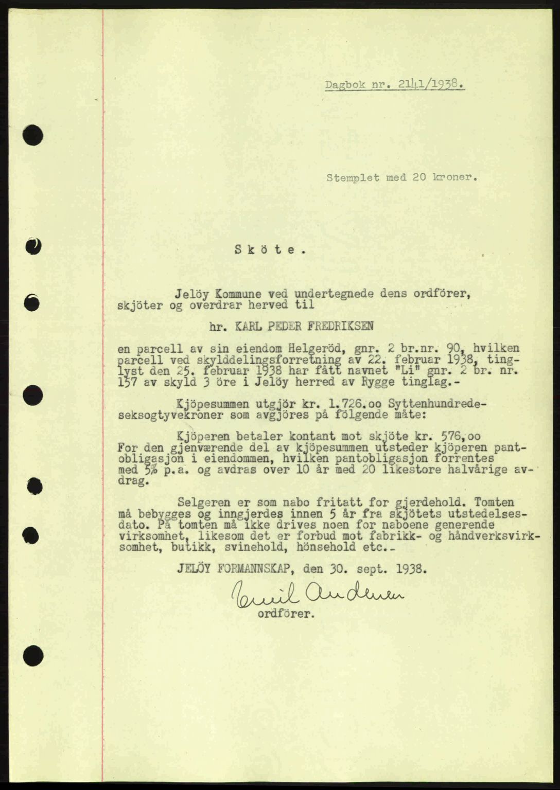 Moss sorenskriveri, SAO/A-10168: Mortgage book no. A5, 1938-1939, Diary no: : 2141/1938