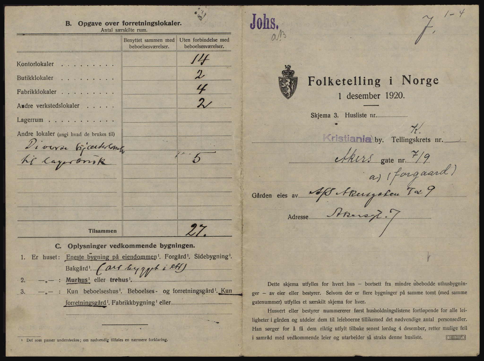 SAO, 1920 census for Kristiania, 1920, p. 378