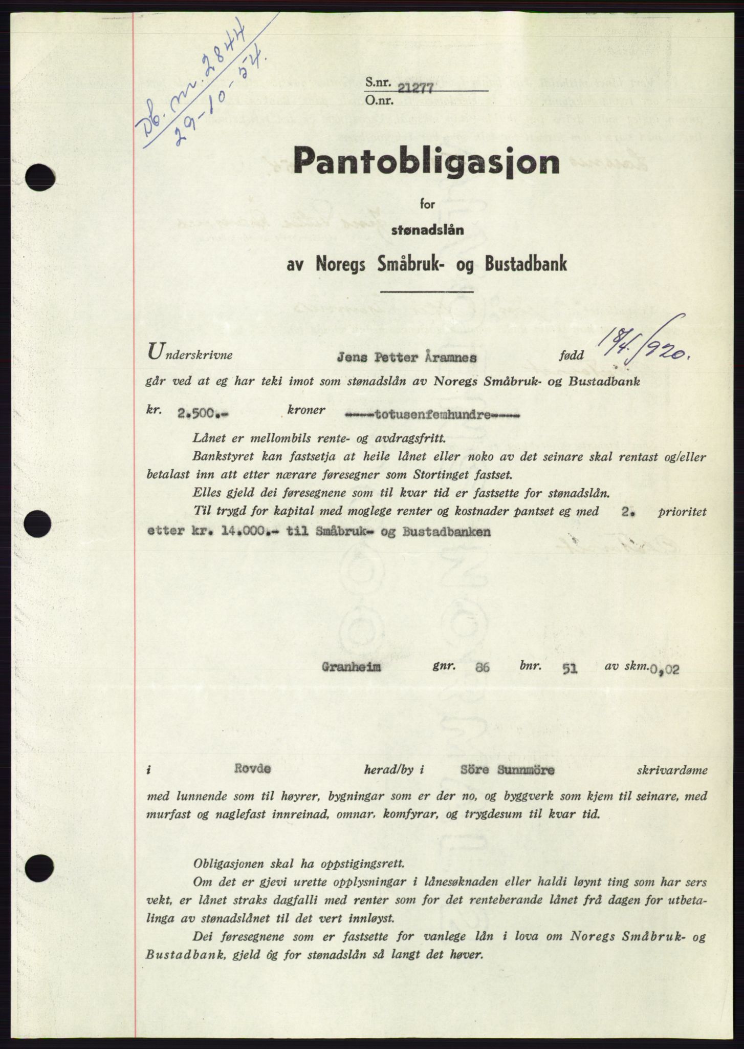 Søre Sunnmøre sorenskriveri, AV/SAT-A-4122/1/2/2C/L0126: Mortgage book no. 14B, 1954-1955, Diary no: : 2844/1954