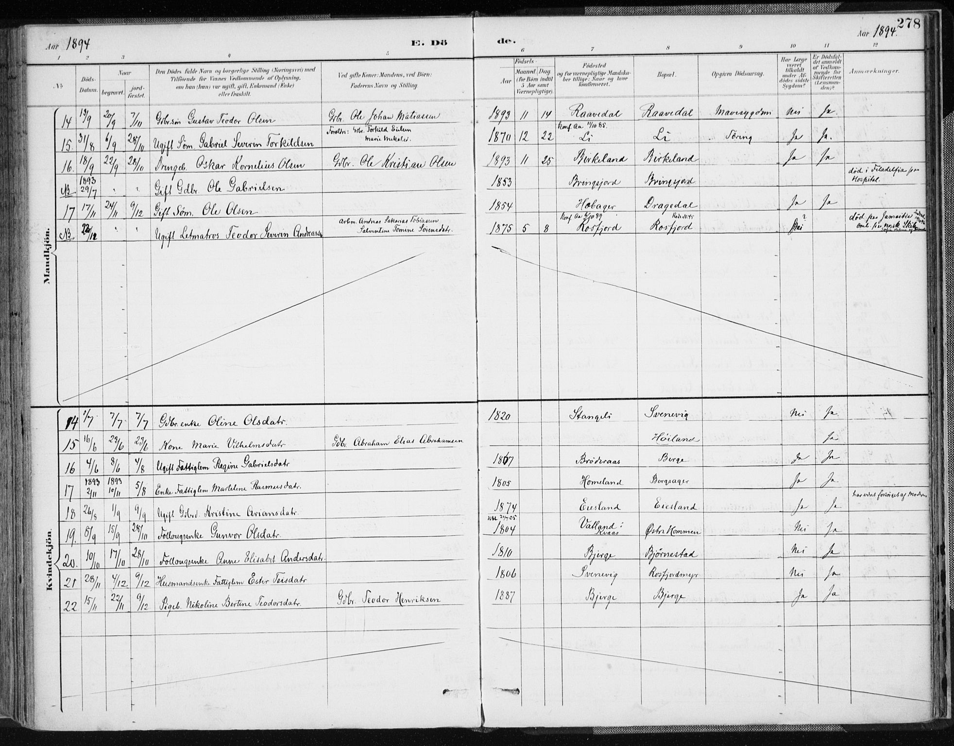 Lyngdal sokneprestkontor, AV/SAK-1111-0029/F/Fa/Fac/L0012: Parish register (official) no. A 12, 1894-1918, p. 278