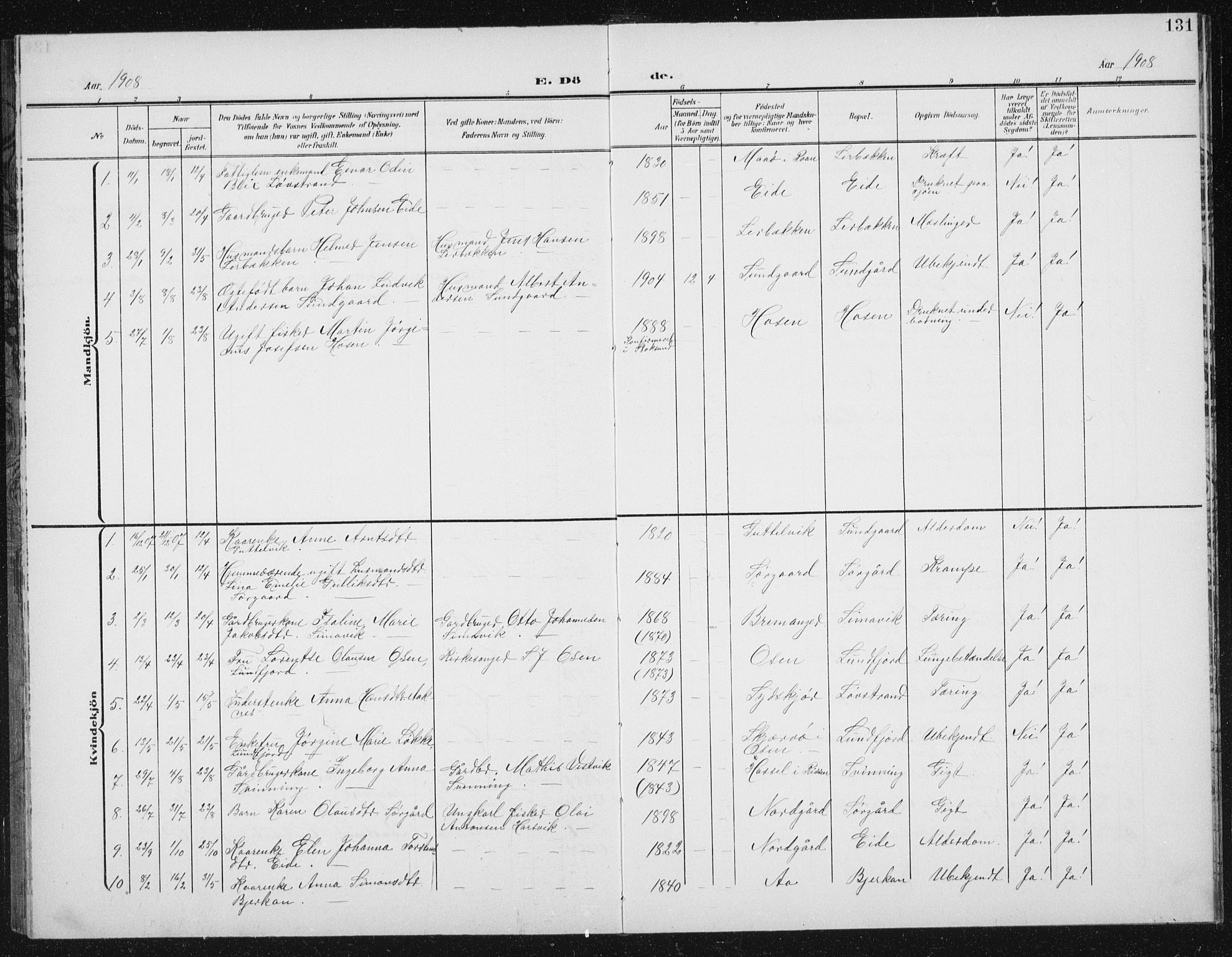Ministerialprotokoller, klokkerbøker og fødselsregistre - Sør-Trøndelag, SAT/A-1456/656/L0699: Parish register (copy) no. 656C05, 1905-1920, p. 131