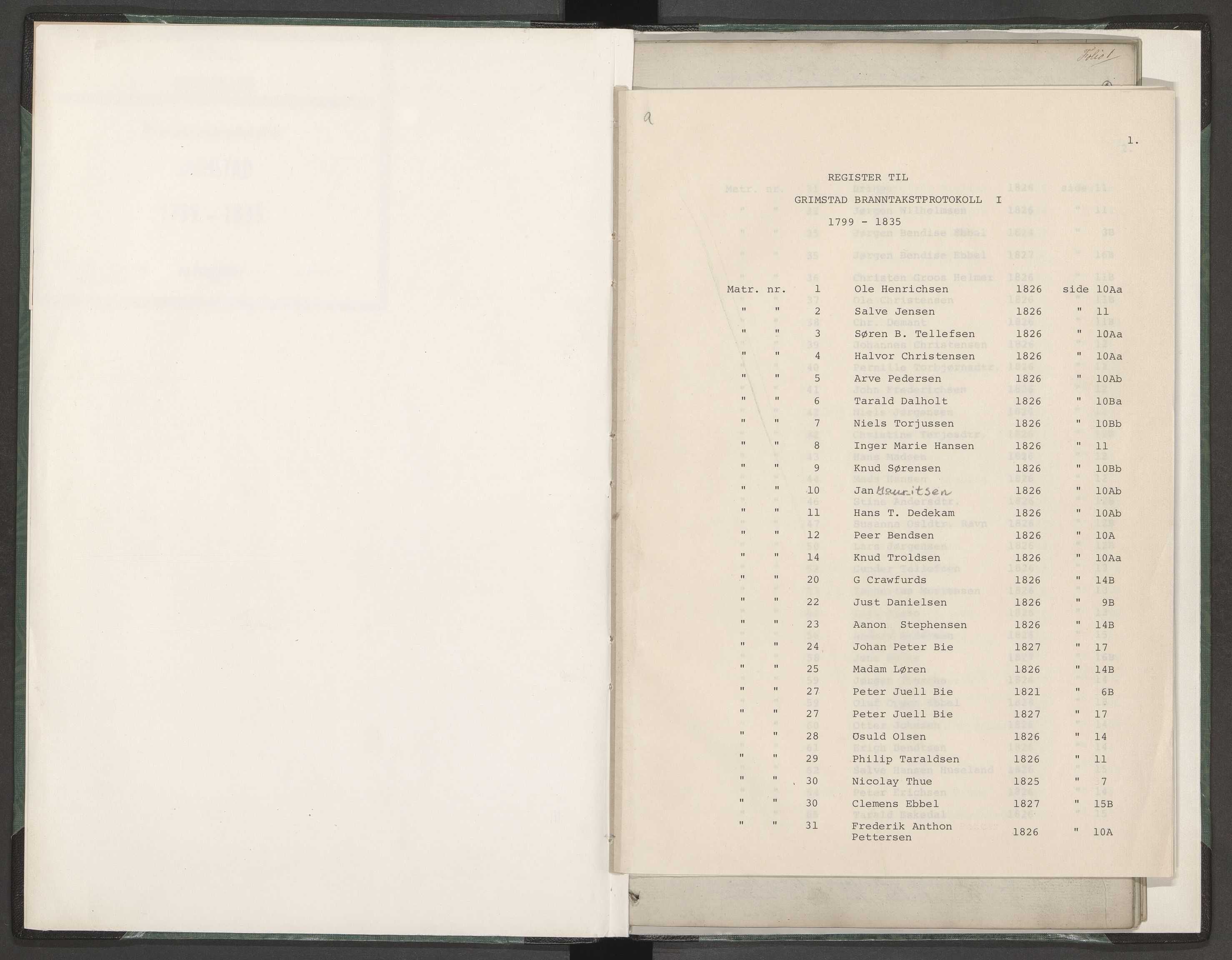 Norges Brannkasse Grimstad, AV/SAK-2241-0018/F/Fa/L0001: Branntakstprotokoll nr. 1 med register over matrikkelnummer og personnavn, 1799-1835