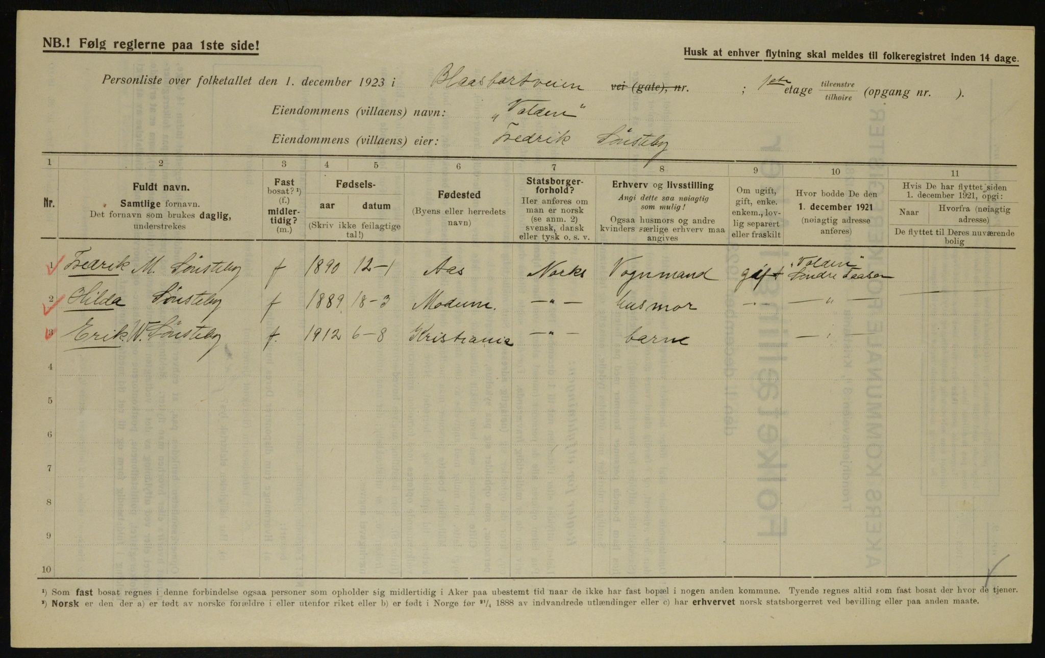 , Municipal Census 1923 for Aker, 1923, p. 7972