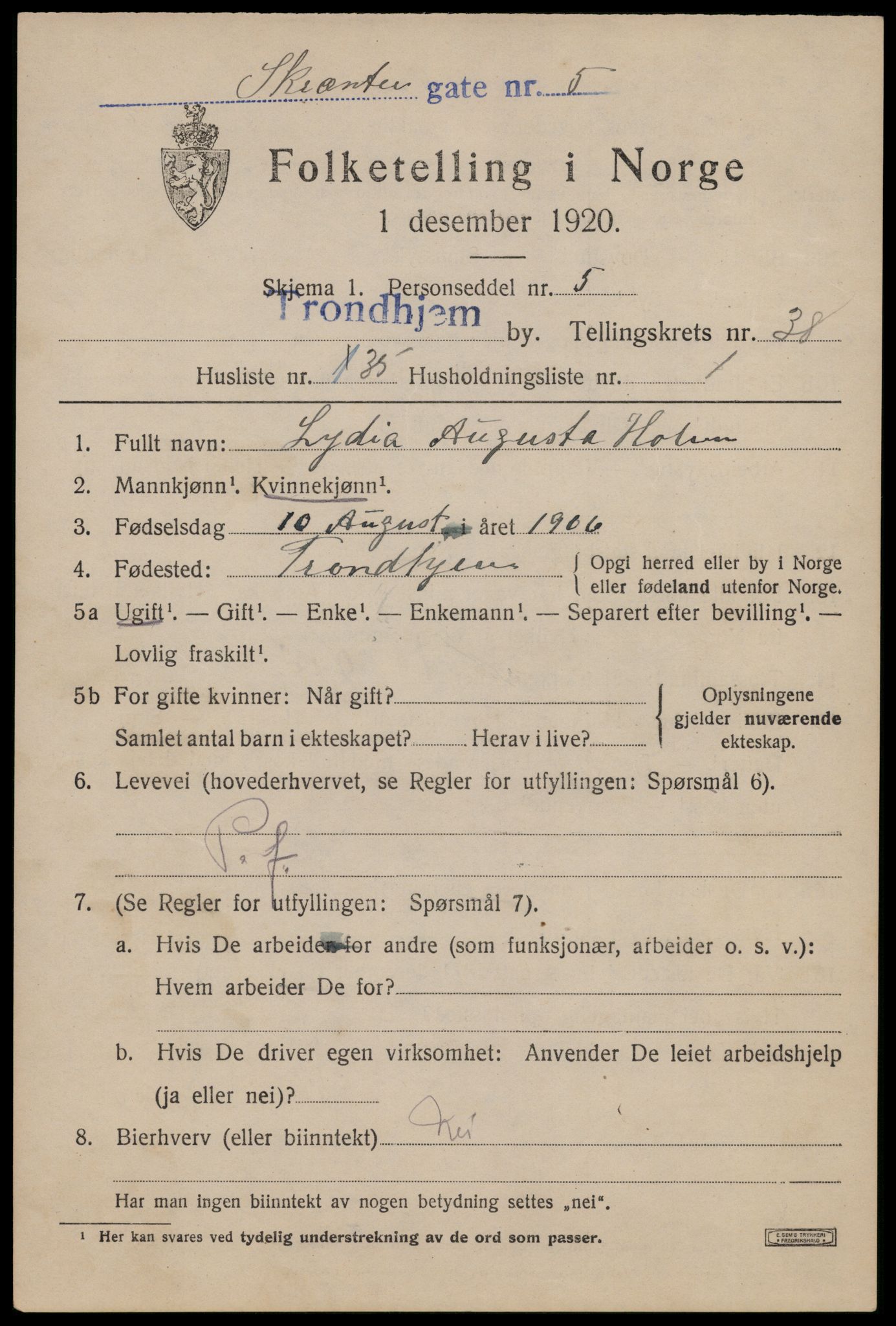 SAT, 1920 census for Trondheim, 1920, p. 87240