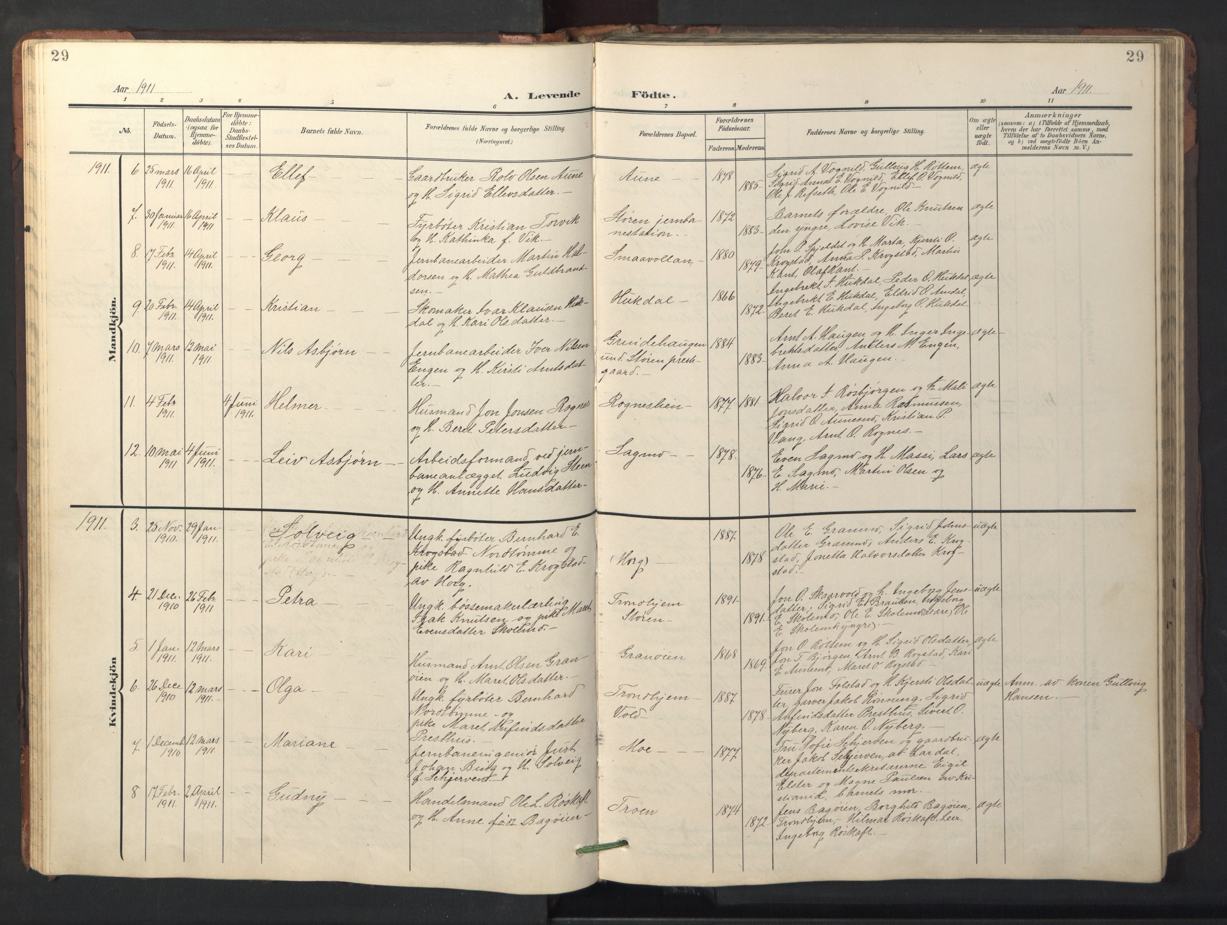 Ministerialprotokoller, klokkerbøker og fødselsregistre - Sør-Trøndelag, SAT/A-1456/687/L1019: Parish register (copy) no. 687C03, 1904-1931, p. 29
