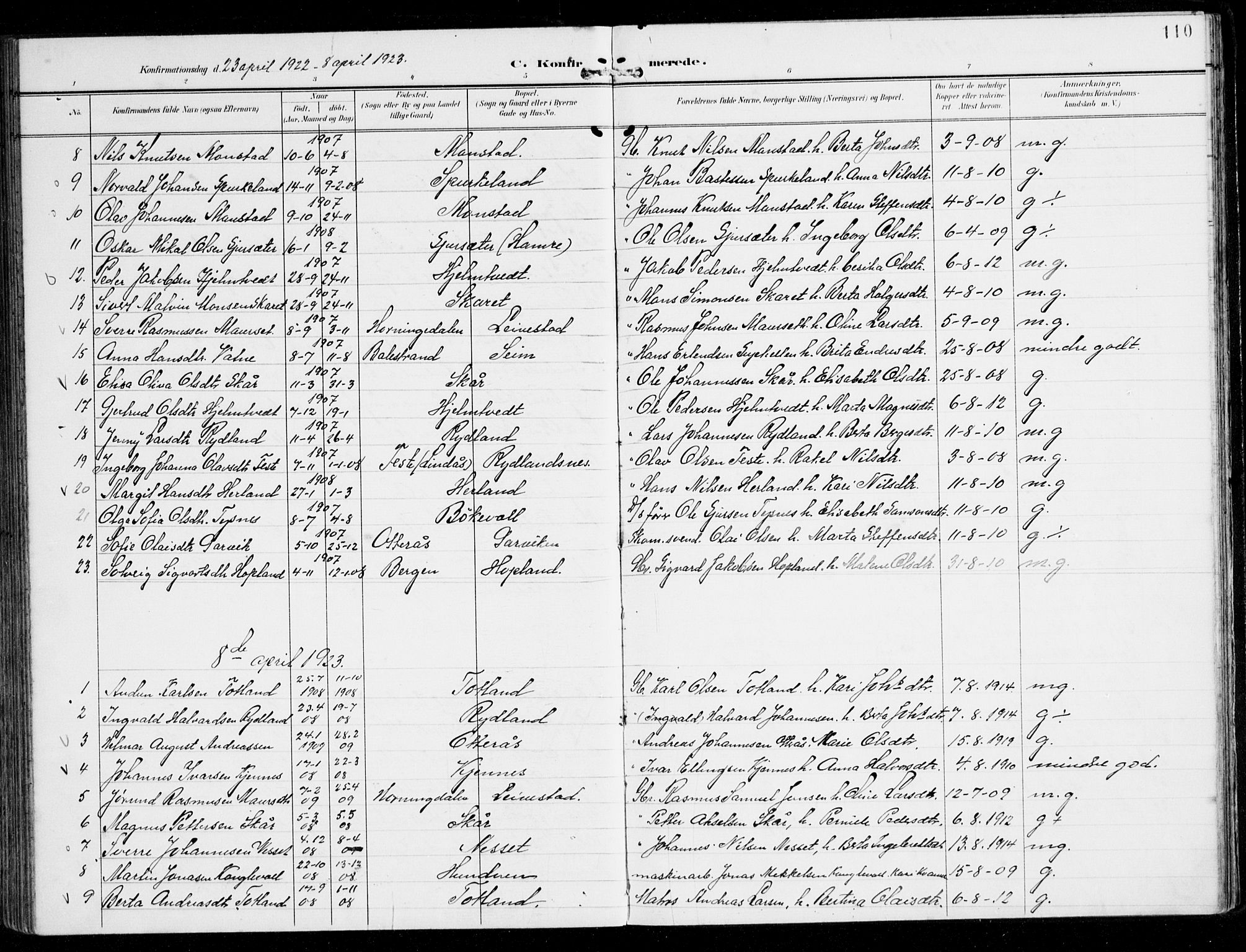 Alversund Sokneprestembete, AV/SAB-A-73901/H/Ha/Haa/Haad/L0004: Parish register (official) no. D 4, 1898-1926, p. 110