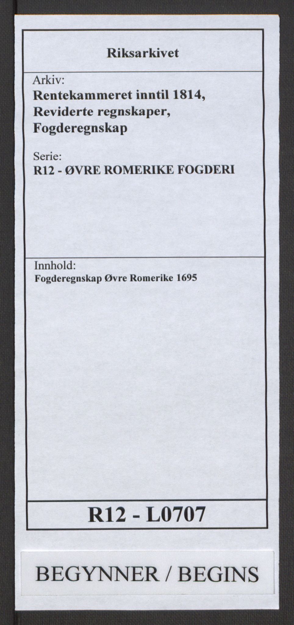 Rentekammeret inntil 1814, Reviderte regnskaper, Fogderegnskap, RA/EA-4092/R12/L0707: Fogderegnskap Øvre Romerike, 1695, p. 1