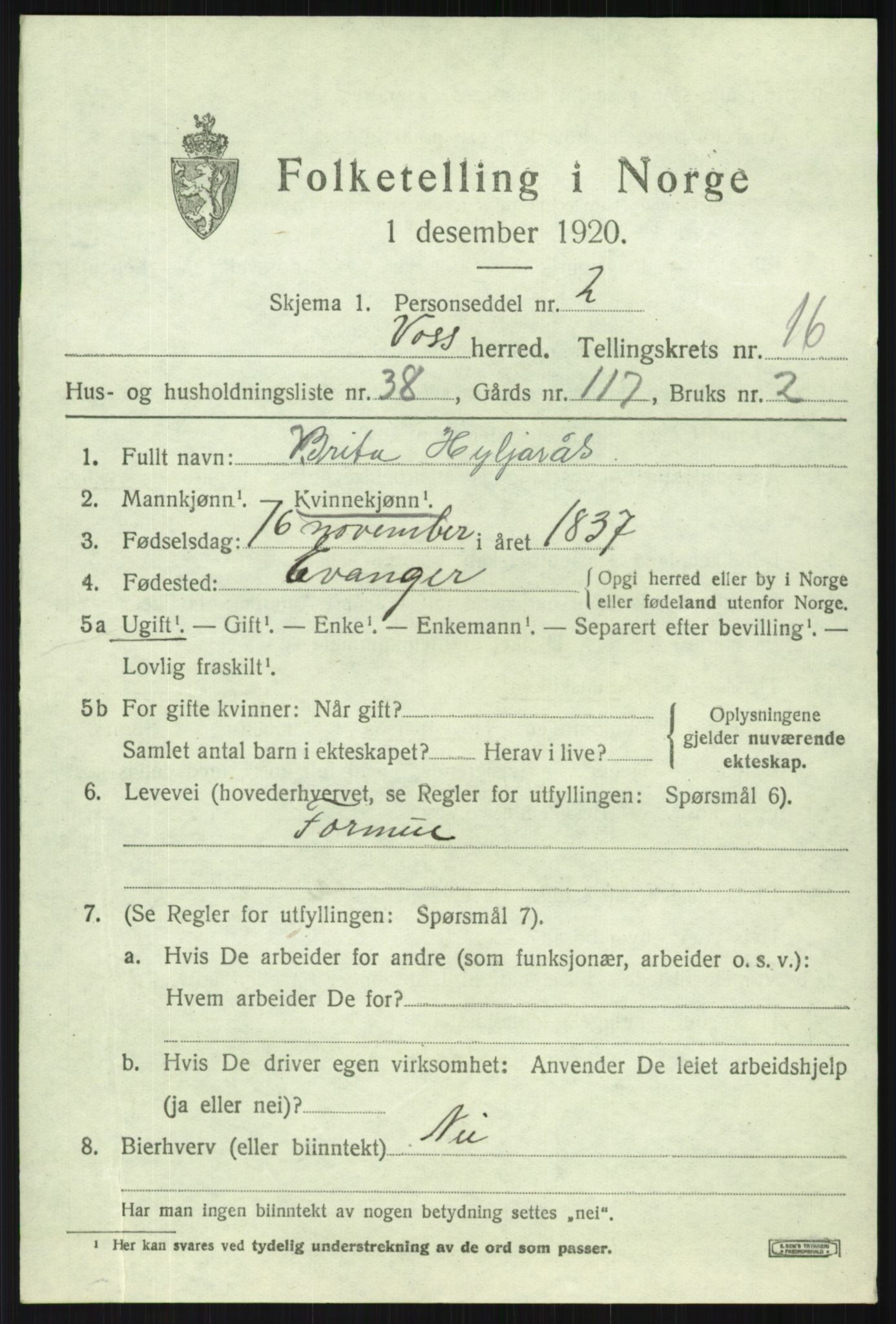 SAB, 1920 census for Voss, 1920, p. 13595