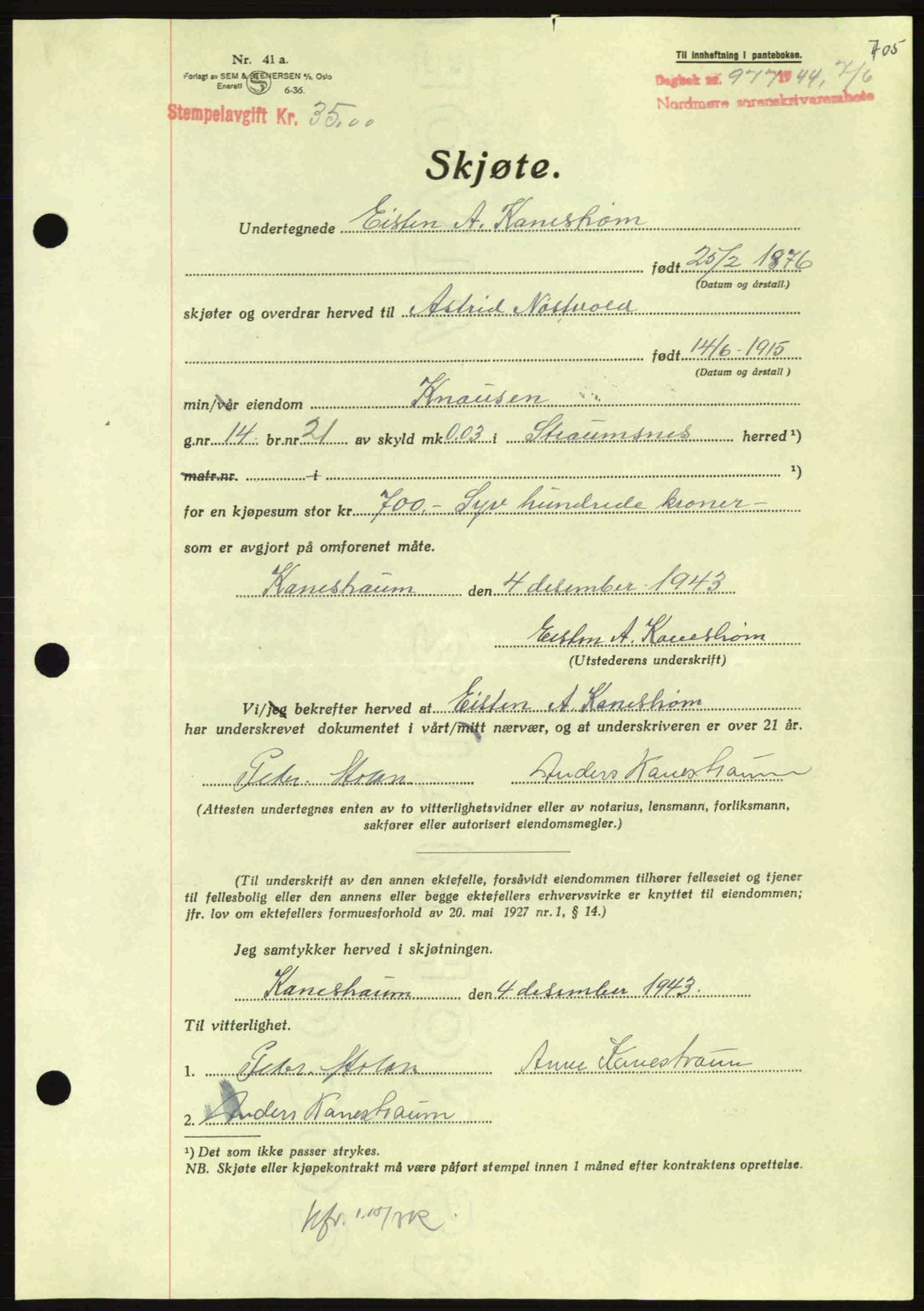 Nordmøre sorenskriveri, AV/SAT-A-4132/1/2/2Ca: Mortgage book no. A97, 1944-1944, Diary no: : 977/1944