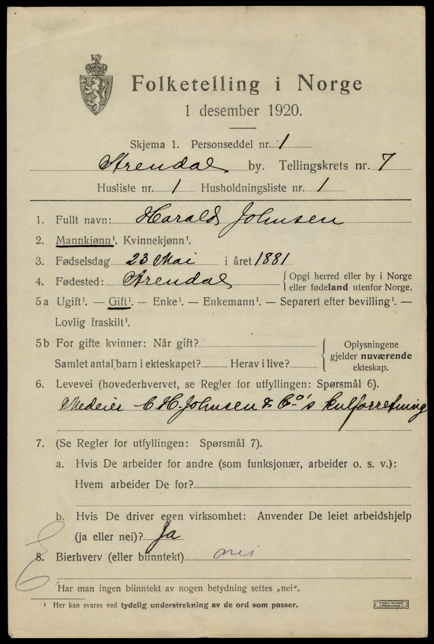 SAK, 1920 census for Arendal, 1920, p. 14456