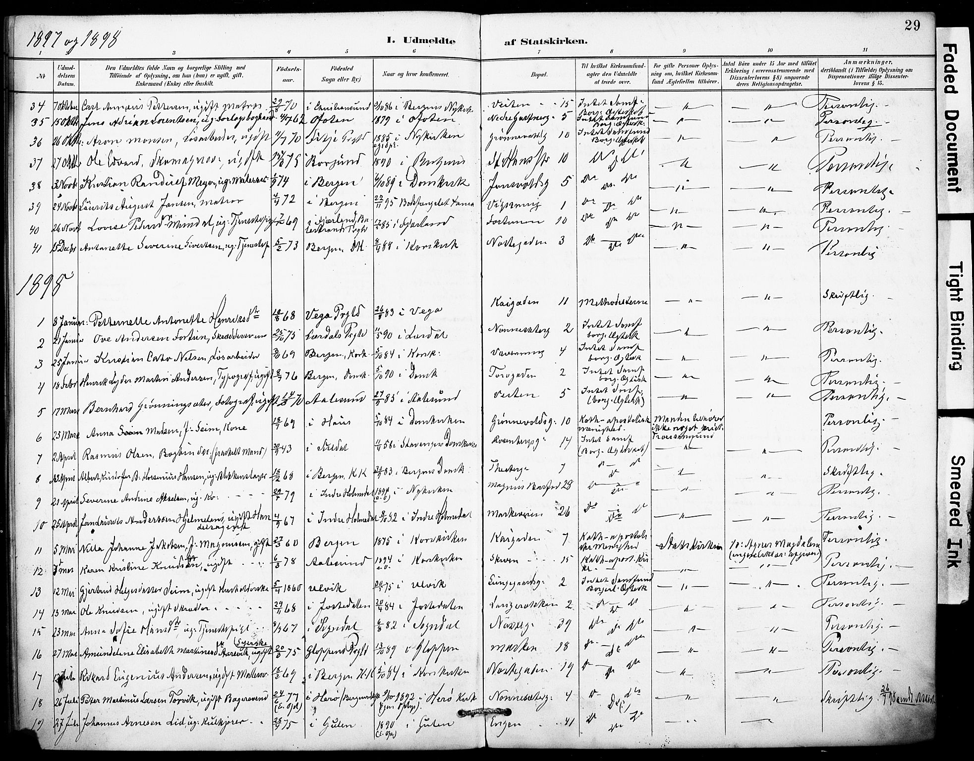 Domkirken sokneprestembete, SAB/A-74801/H/Haa: Parish register (official) no. I 1, 1887-1908, p. 29