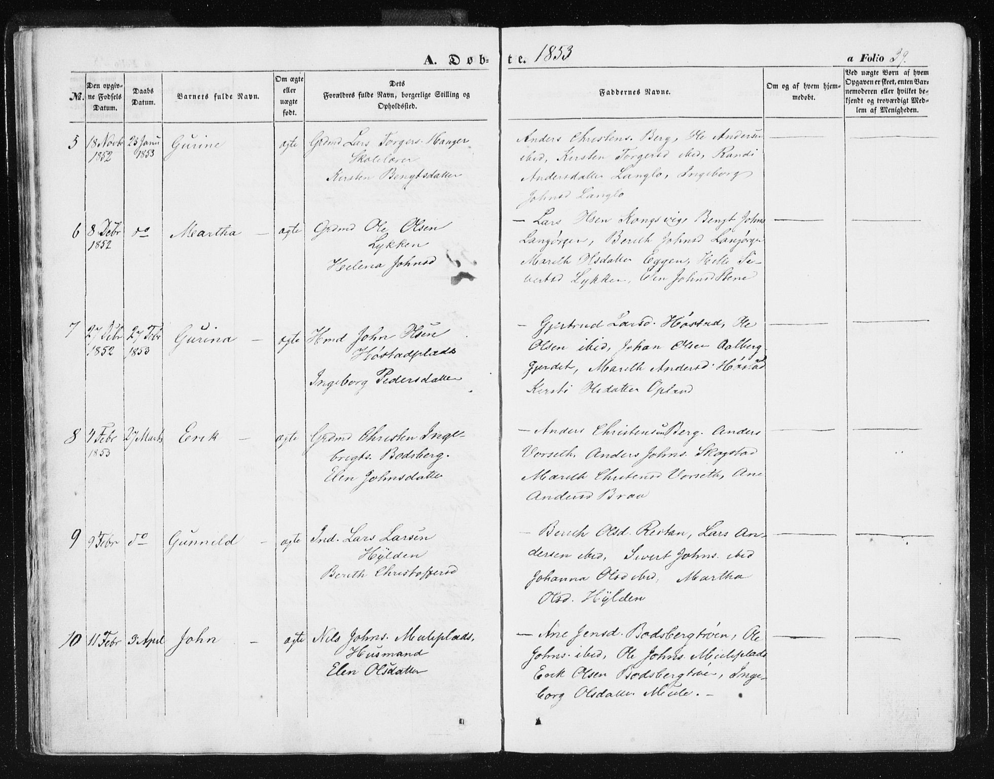 Ministerialprotokoller, klokkerbøker og fødselsregistre - Sør-Trøndelag, SAT/A-1456/612/L0376: Parish register (official) no. 612A08, 1846-1859, p. 39