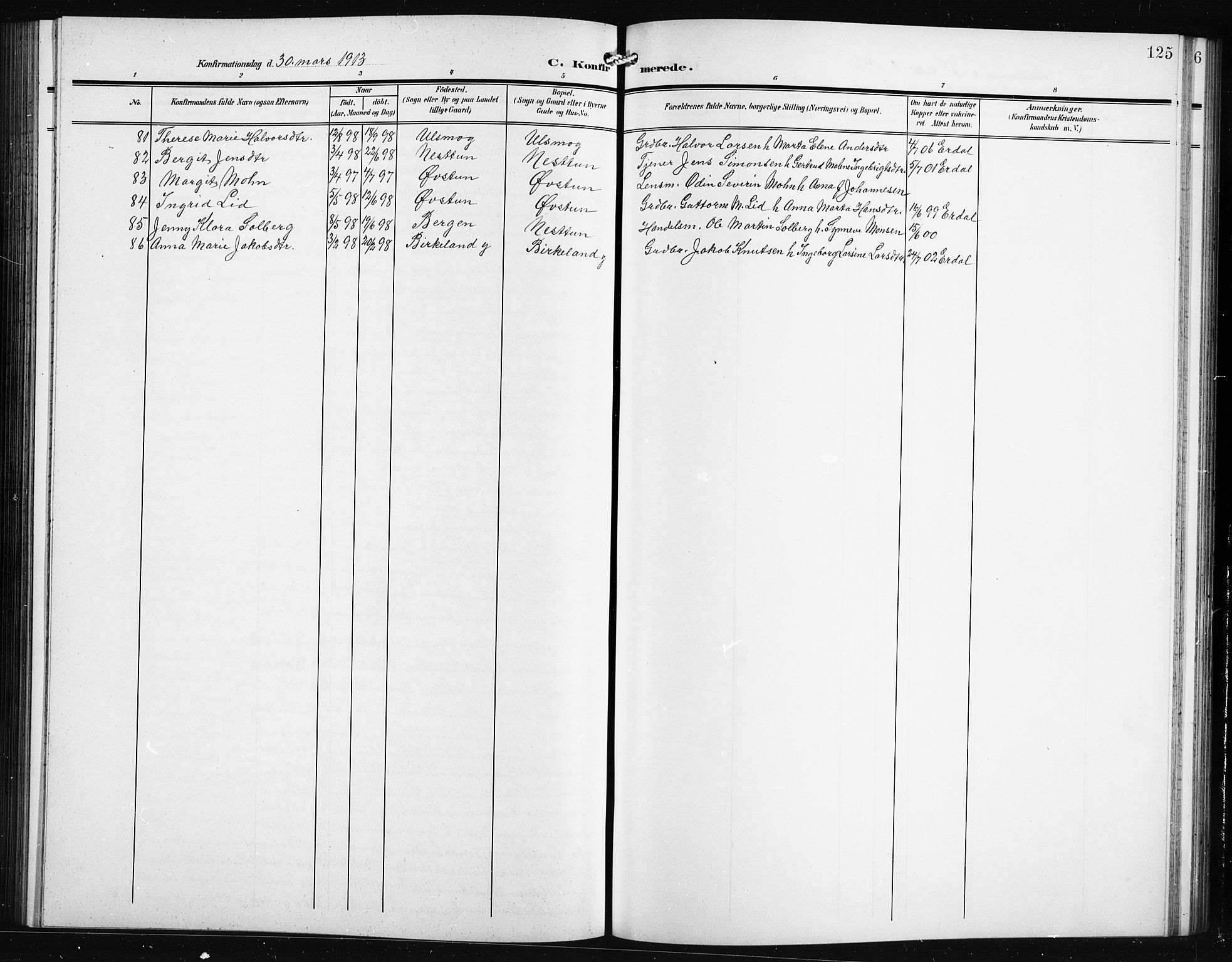 Birkeland Sokneprestembete, AV/SAB-A-74601/H/Hab: Parish register (copy) no. A 6, 1906-1915, p. 125