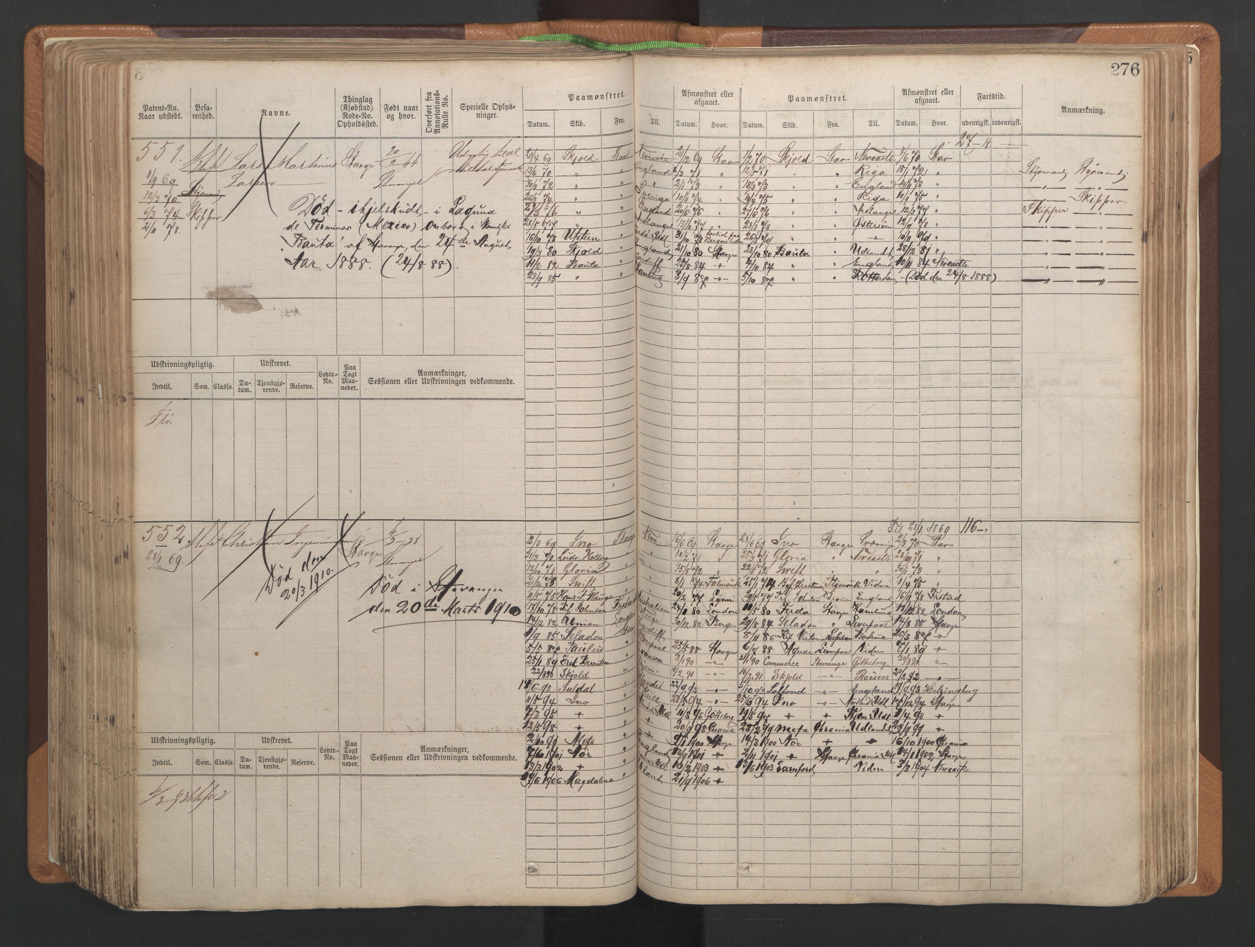 Stavanger sjømannskontor, AV/SAST-A-102006/F/Fb/Fbb/L0004: Sjøfartshovedrulle, patentnr. 1-792 (del 1), 1869-1880, p. 282