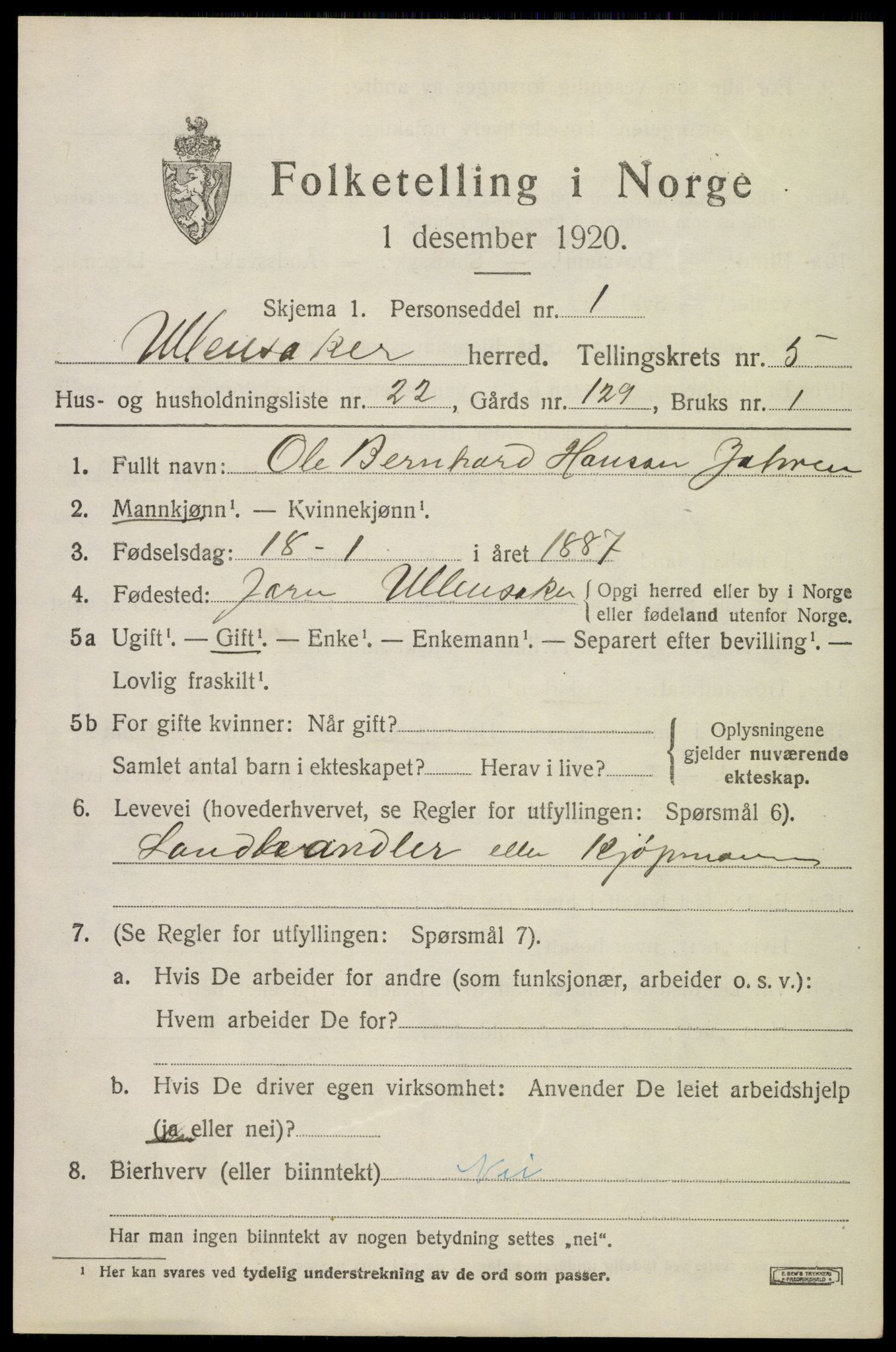 SAO, 1920 census for Ullensaker, 1920, p. 9305