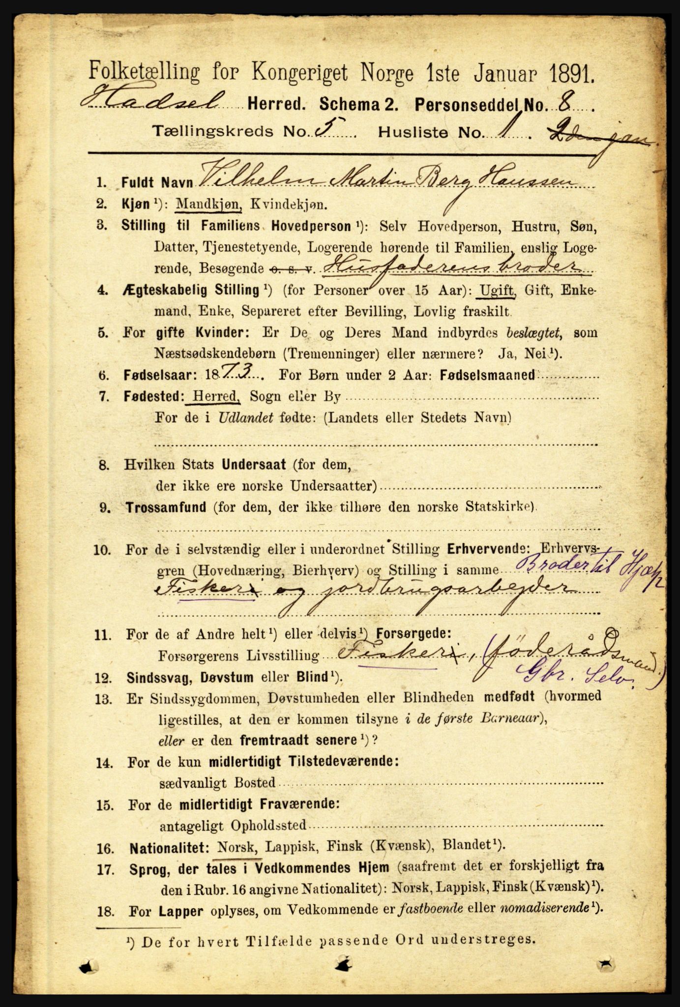 RA, 1891 census for 1866 Hadsel, 1891, p. 2131