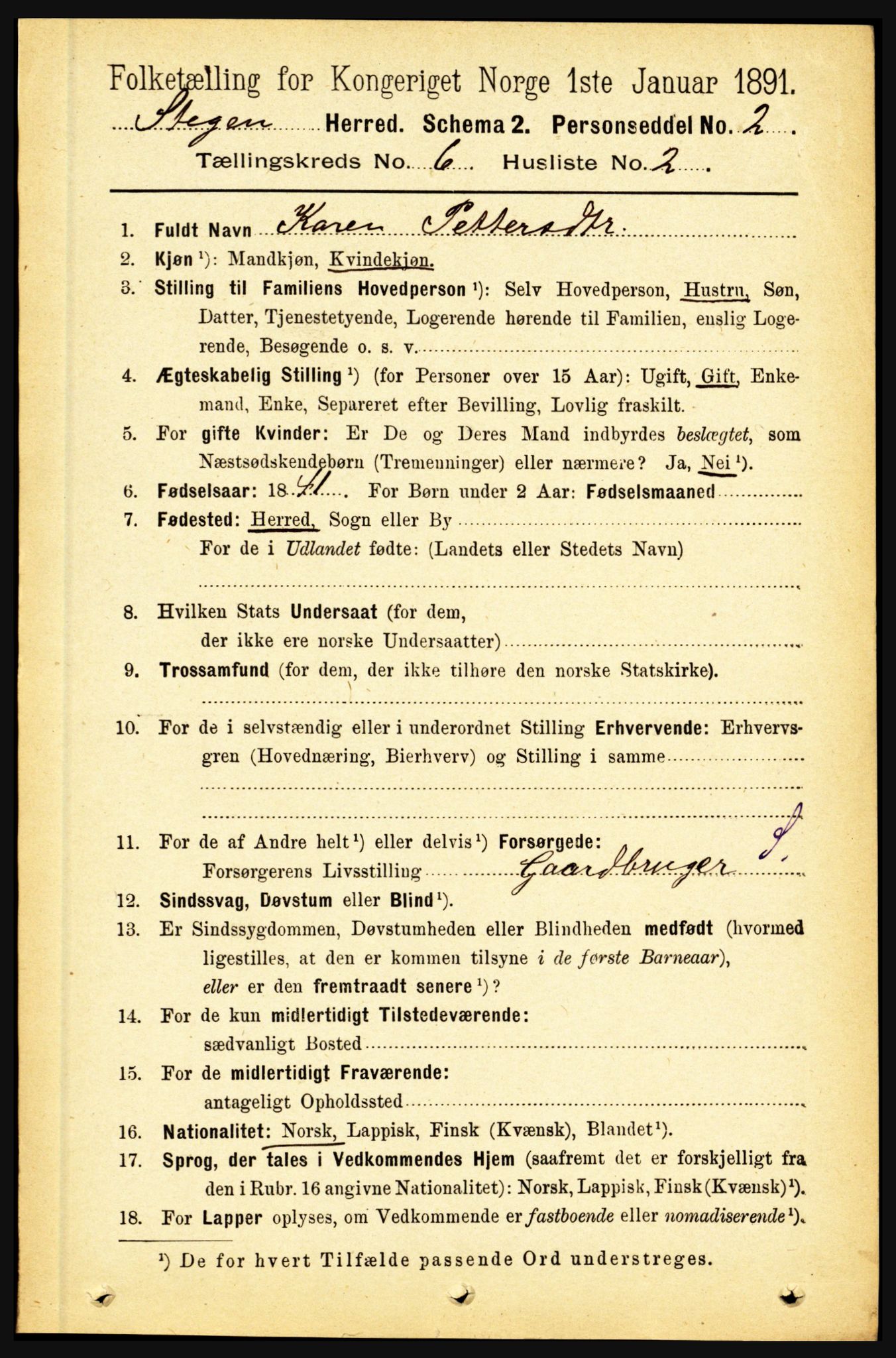 RA, 1891 census for 1848 Steigen, 1891, p. 2031