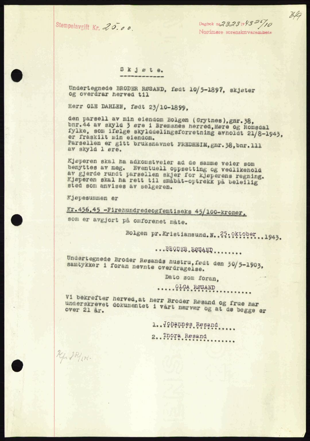 Nordmøre sorenskriveri, SAT/A-4132/1/2/2Ca: Mortgage book no. A96, 1943-1944, Diary no: : 2323/1943