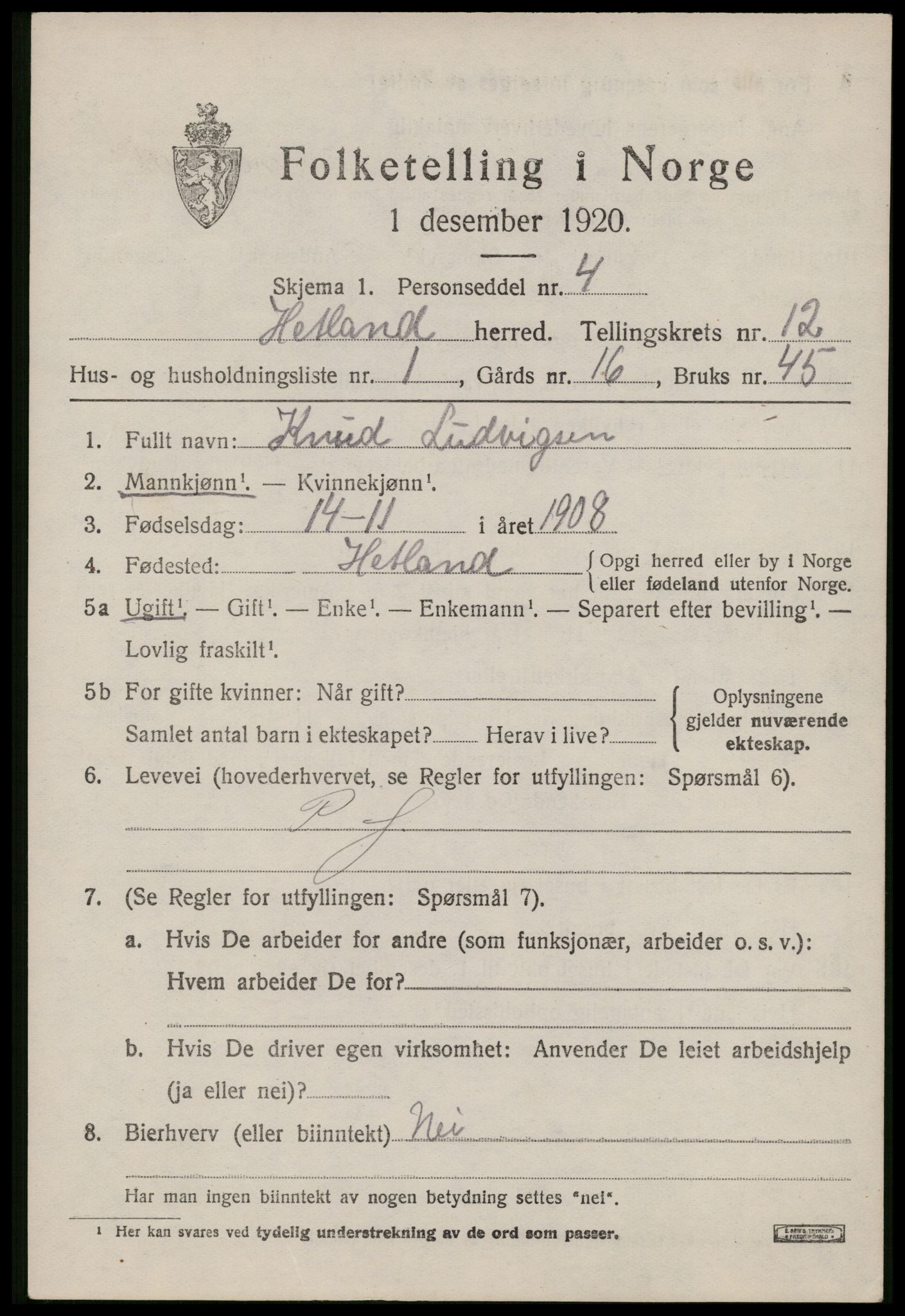 SAST, 1920 census for Hetland, 1920, p. 20891